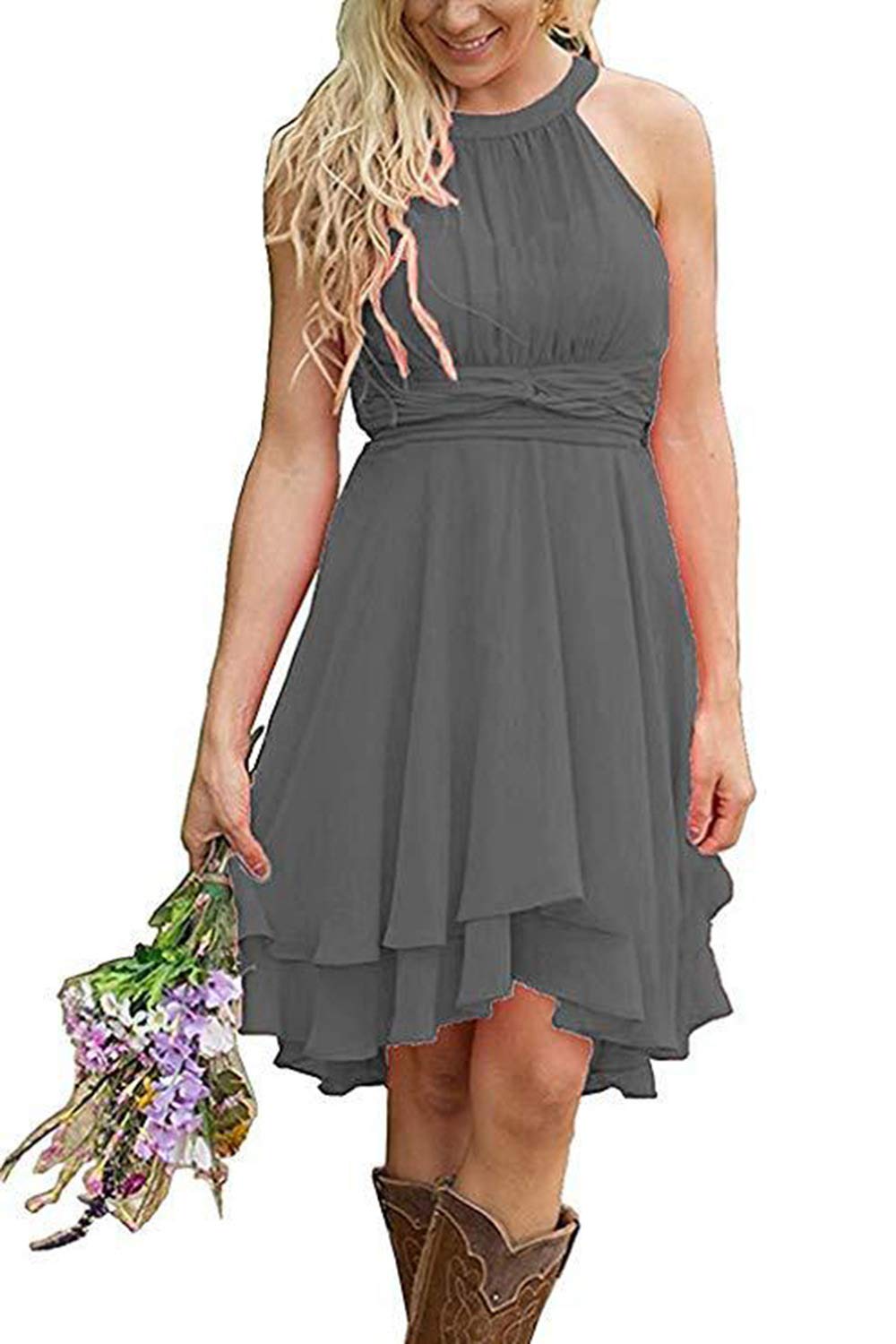 Elegant Women's Knee-Length Chiffon Halter Bridesmaid Dress for Western Country Weddings & Special Occasions - Perfect for Wedding Guests, Bridal Showers & Formal Events