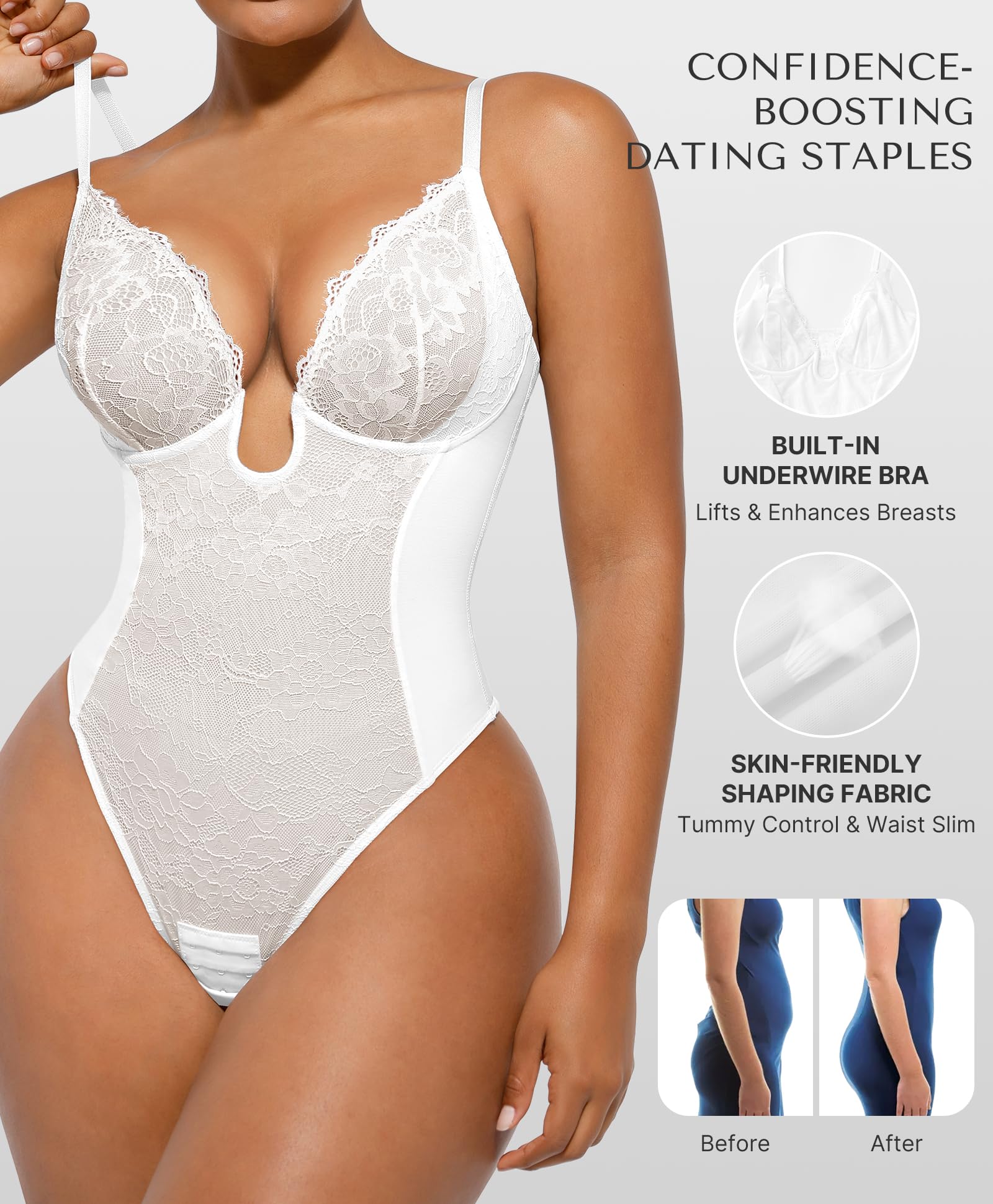 SHAPELLX Women's Tummy Control Shapewear Lace Bodysuit - Thong Body Shaper with U Plunge Backless Design for Slimming & Smoothing | Perfect for Dresses, Parties & Special Occasions