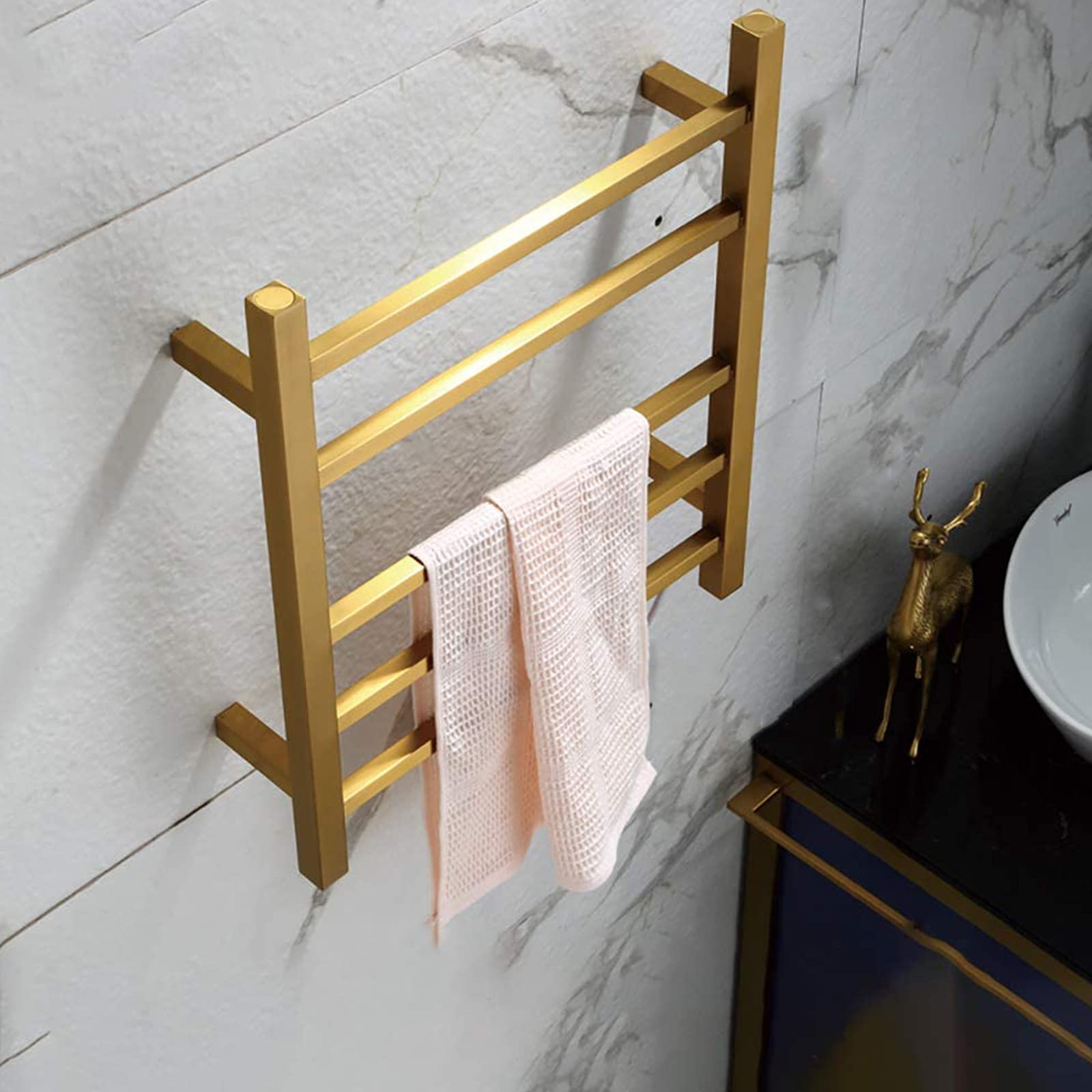 Premium 60W Electric Heated Towel Rack - Brushed Gold 304 Stainless Steel Wall Mounted Towel Warmer & Drying Rail with Switch for Bathroom & Spa - Perfect for Luxury Hotels, Home Bathrooms and Wellness Centers