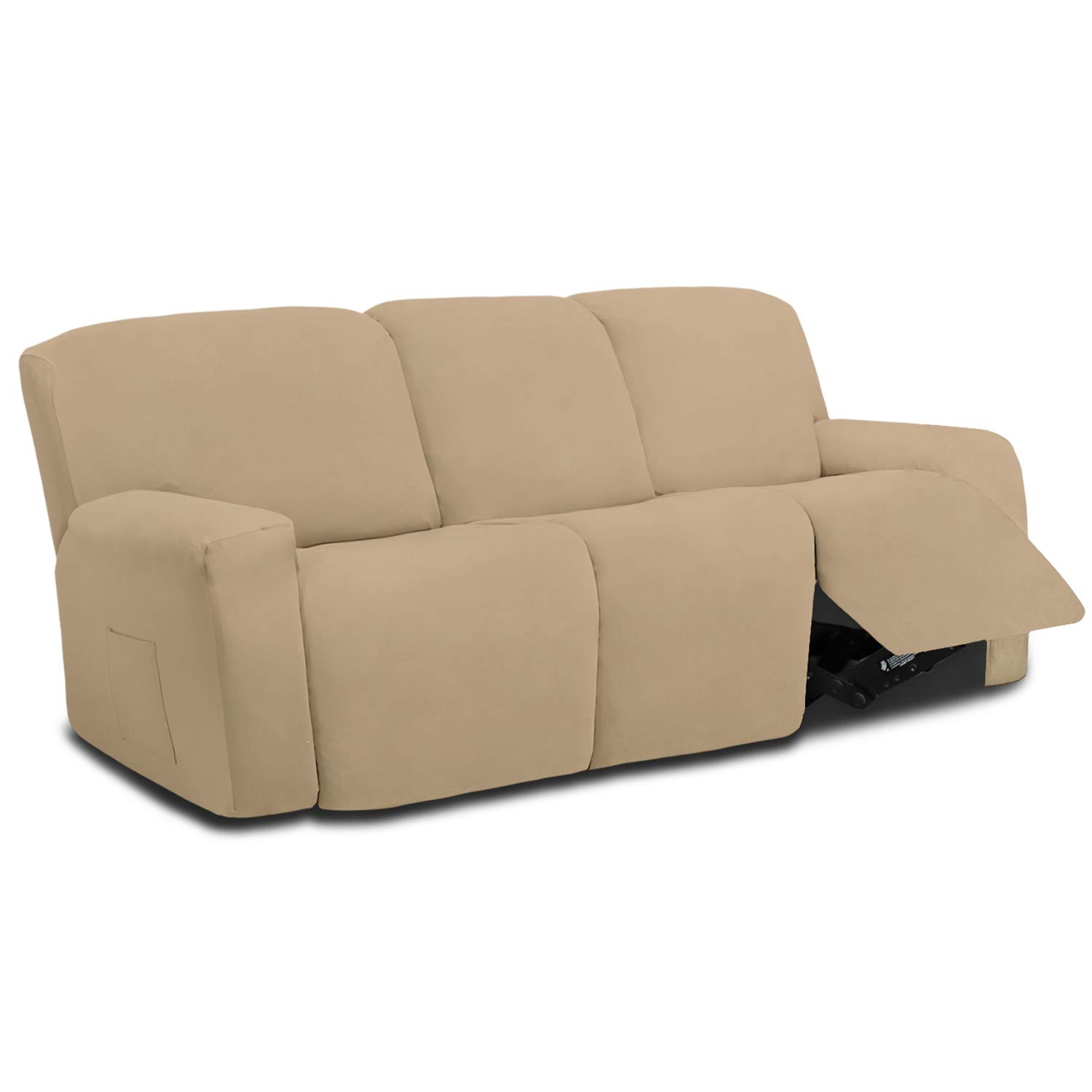 8-Piece Microfiber Stretch Sectional Recliner Sofa Slipcover - Soft Fitted Fleece 3-Seat Couch Cover - Washable Furniture Protector with Elastic Edges for Kids & Pets - Pale Yellow - Perfect for Living Room, Family Room & Home Theater Comfort
