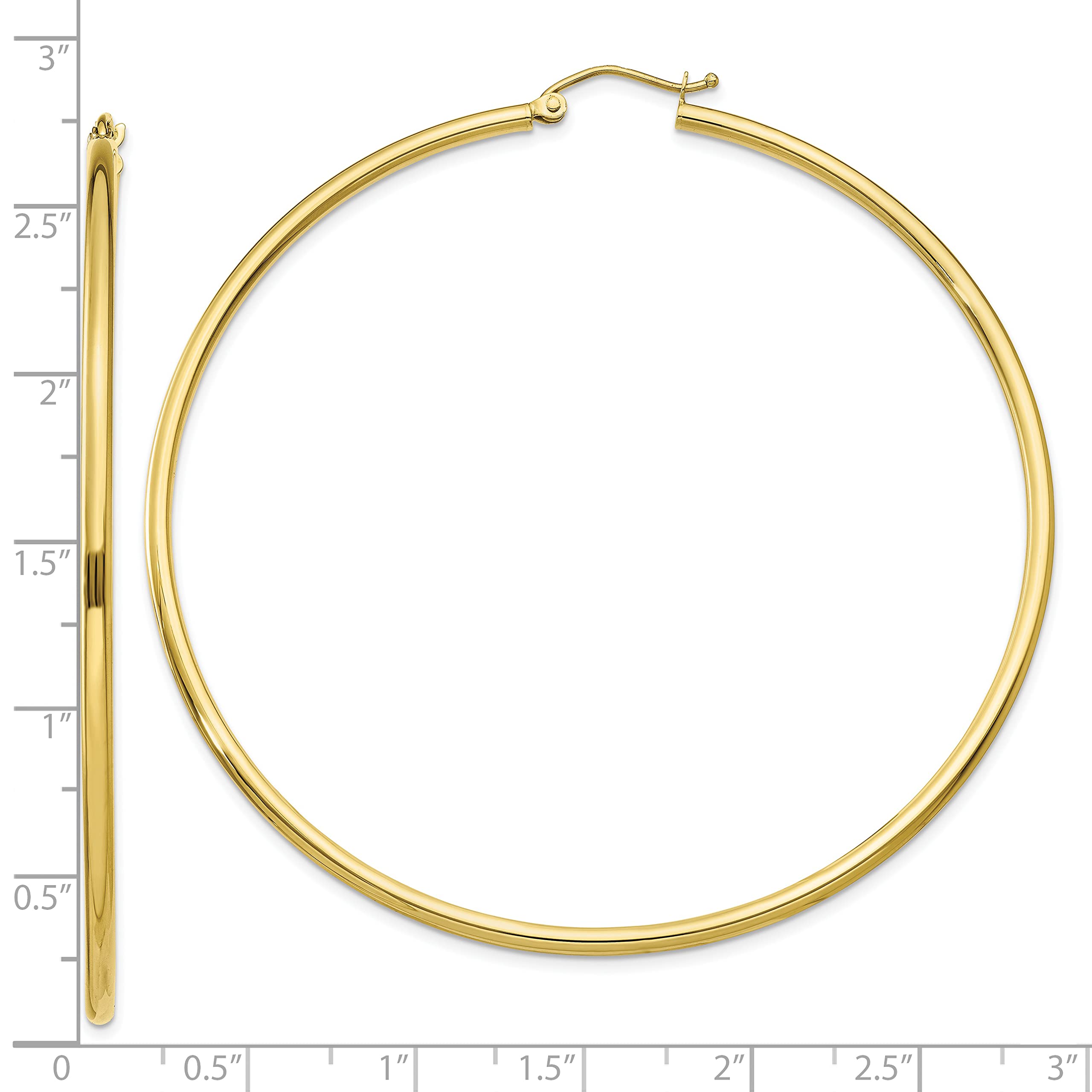 10K Yellow Gold Polished 2mm Tube Hoop Earrings for Women - 60mm Diameter Dainty Everyday Jewelry, Perfect for Work, Date Night & Special Occasions
