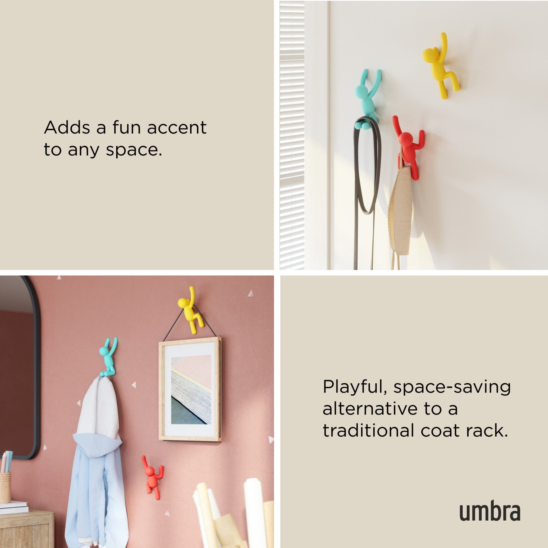 Buddy Wall Hooks Set of 3 - Heavy Duty Adhesive Hooks for Hanging Coats, Hats & Keys - Perfect for Home, Office & Dorm Organization