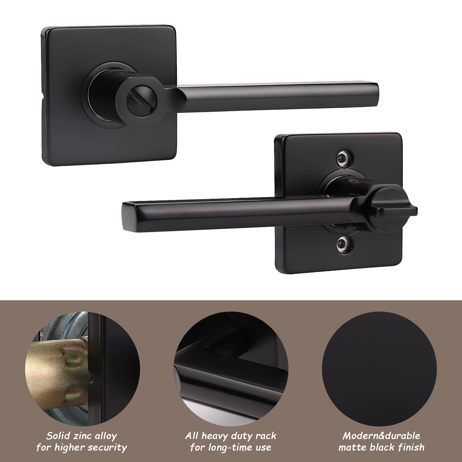 KNOBWELL 3 Pack Modern Square Interior Door Knobs - Matte Black Bedroom & Bathroom Door Handles with Lock, Reversible for Left/Right Hanging - Perfect for Home, Office, and Commercial Spaces