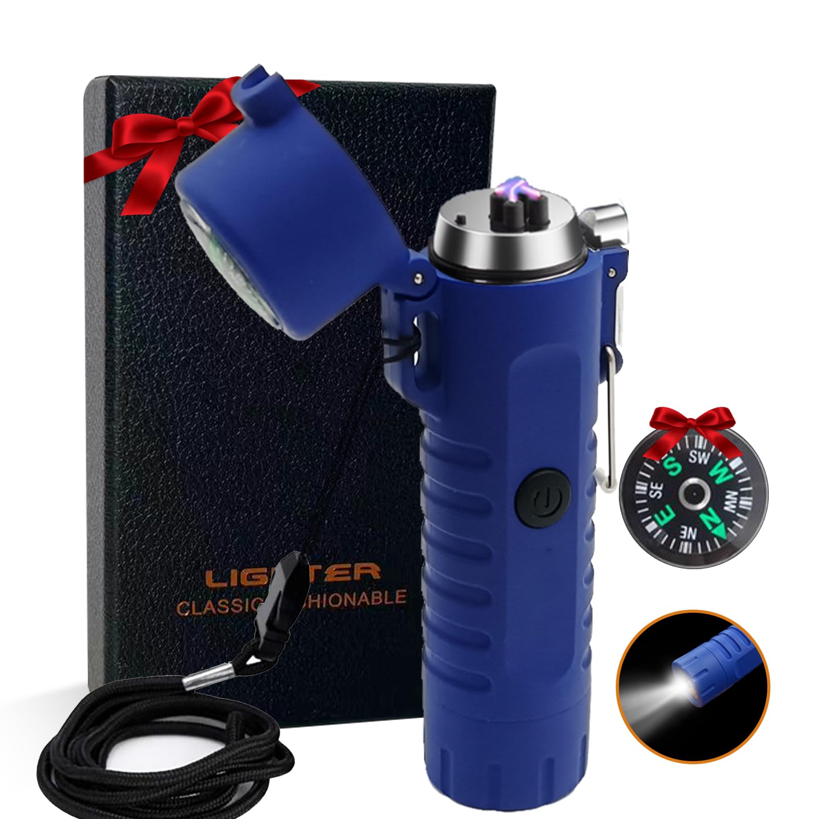 Plasma Windproof Arc Lighter - USB Rechargeable Electric Lighter with Dual Arc, Waterproof & Flameless Design - Perfect for Camping, Hiking, Hunting & Outdoor Survival (3-in-1, Blue) | Great for Lighting Candles, Cigars & Fireplaces in Any Weather Conditions