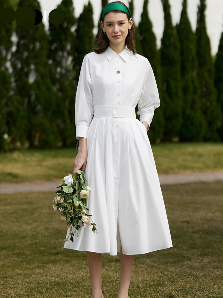 Minimalist Women's Shirt Dress - 2023 Spring Summer White Pleated Long Dress with Adjustable Waist Belt | Elegant Casual Office Wear & Weekend Outfits