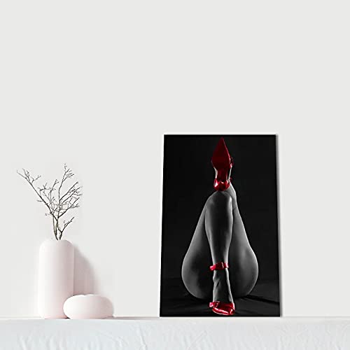 Modern Red High Heels & Elegant Female Silhouette Wall Art - Sexy Beauty Canvas Print with Gray Black Background - Framed Poster Ready to Hang (12
