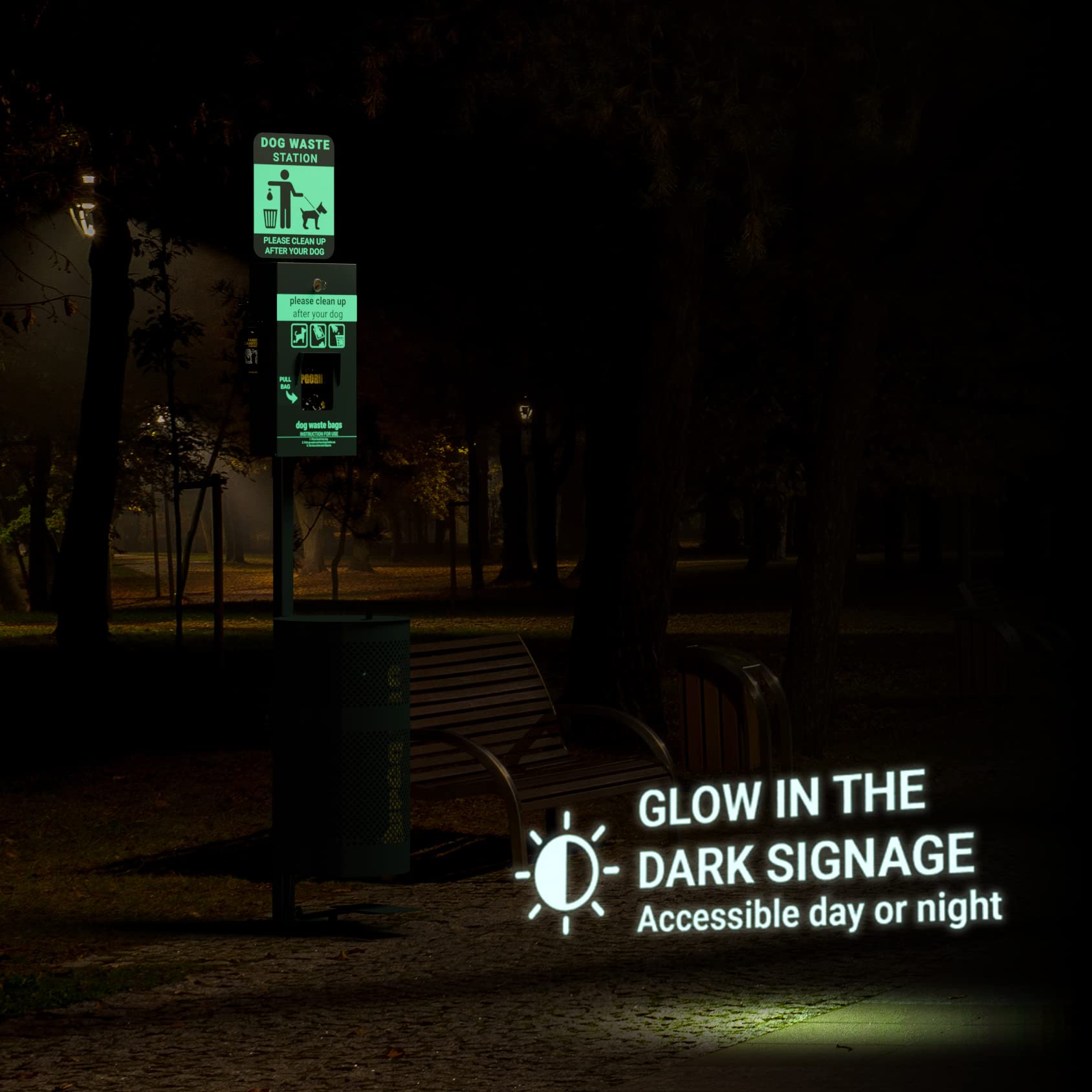 Dog Waste Station with Foot Pedal - 400 Poop Bags, 50 Trash Can Liners, Glow-in-the-Dark Sign & Hand Sanitizer - Outdoor Pet Waste Disposal System for Parks, Yards & Neighborhoods