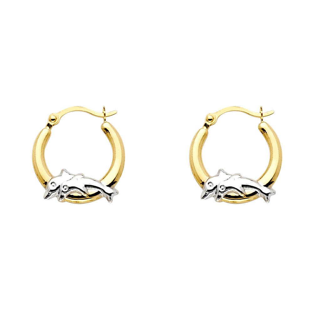 14K Real Two-Tone Gold Dolphin Hoop Earrings - 13mm Fancy Dangle Earrings for Women | Perfect for Beach Parties, Summer Vacations & Gift Giving