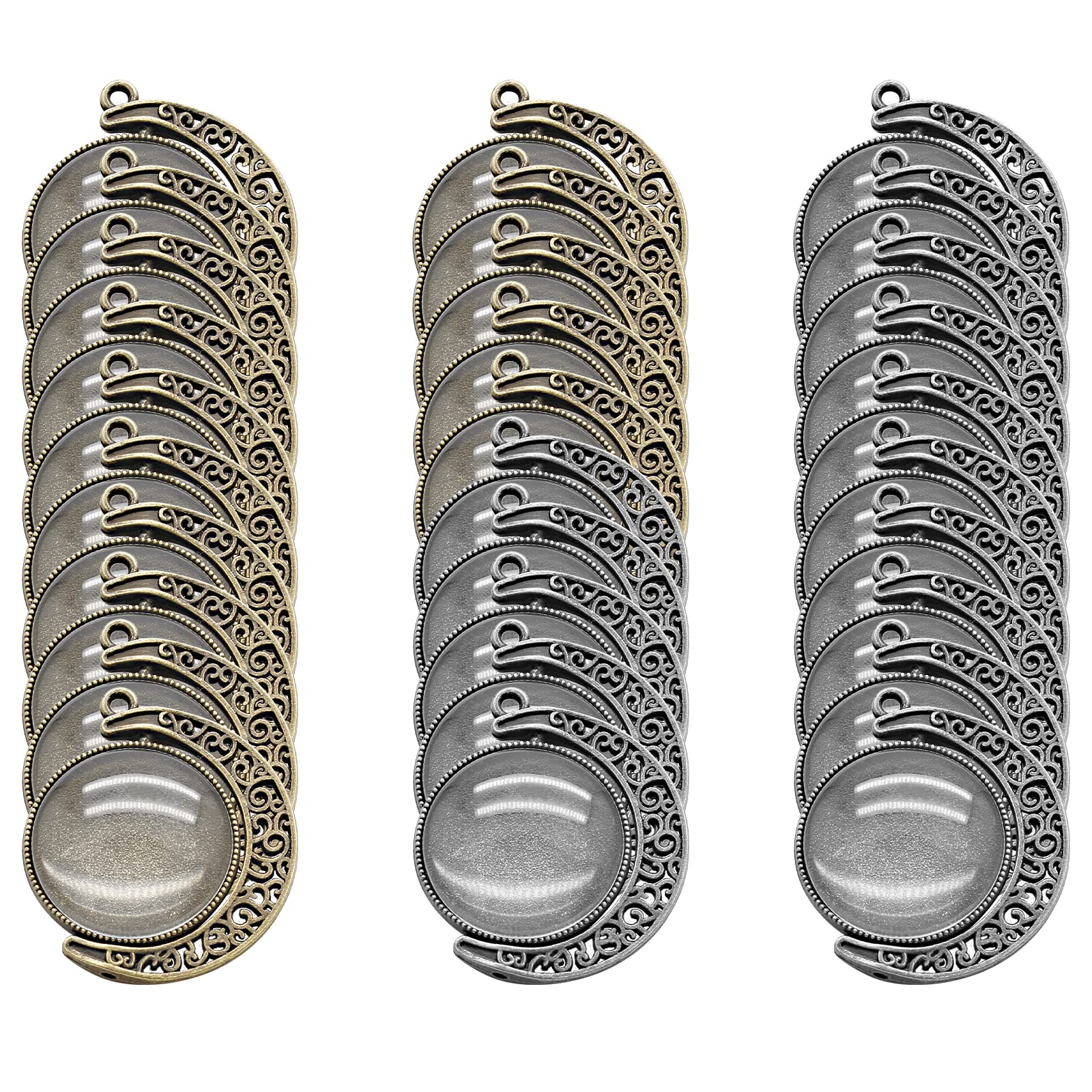 30Pcs Moon Phase Double-Sided Pendant Trays with 20Pcs Clear Glass Cabochons - 25mm Alloy Charms for Jewelry Making (Silver & Bronze) - Perfect for DIY Necklaces, Bracelets, and Moon Phase Themed Crafts