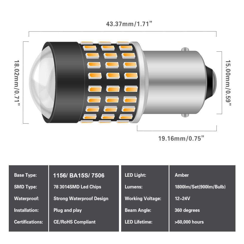 1156 BA15S 1095 7506 LED Bulbs - 1800LM High Brightness, 3014SMD 78-EX Chipsets with Lens Projector - Amber Turn Signal, Side Marker, Backup Lights - 12-24V DC - Pack of 2 - Perfect for Cars, Trucks, Motorcycles & Boats