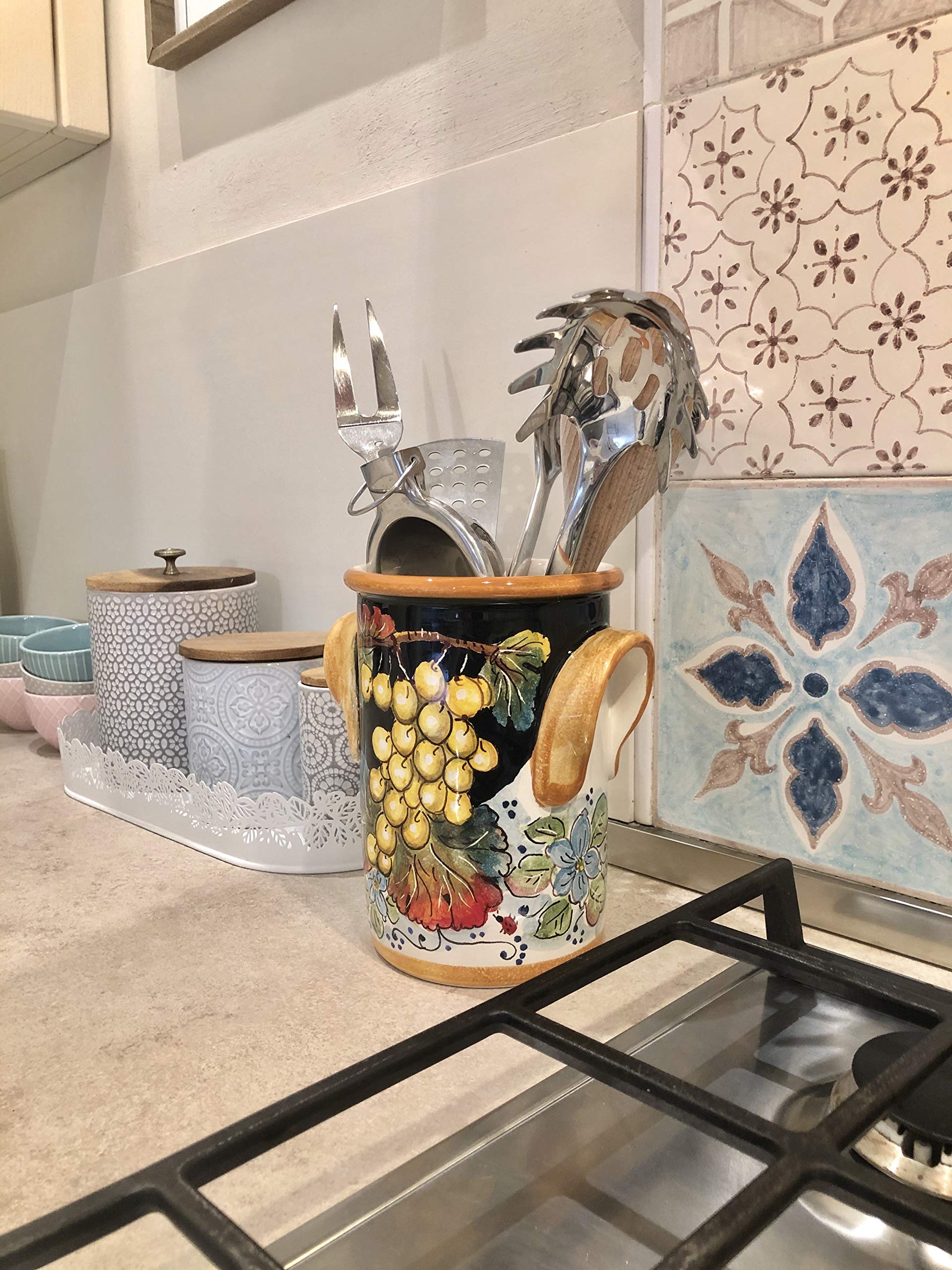 Hand Painted Italian Pottery Utensil Holder & Wine Bottle - CERAMICHE D'ARTE PARRINI Tuscan Florence Decorated Fruits - Authentic Made in Italy Ceramic Kitchen Decor for Rustic Farmhouse & Mediterranean Style Homes