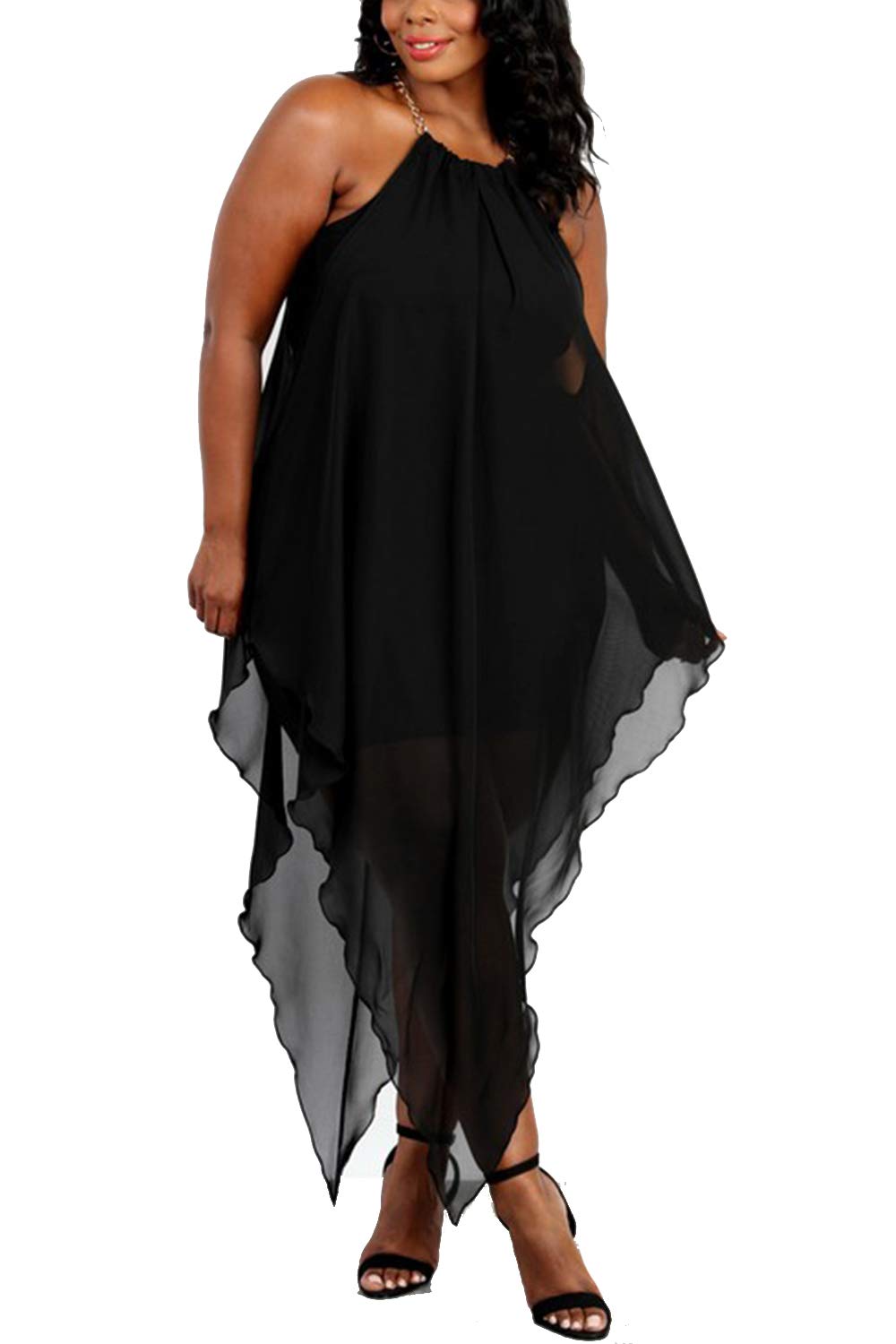 Benian Women's Plus Size Sleeveless Double Layer Party Dress with Asymmetrical Chain Strap - Elegant Cocktail Attire for Evening Events, Weddings & Night Out