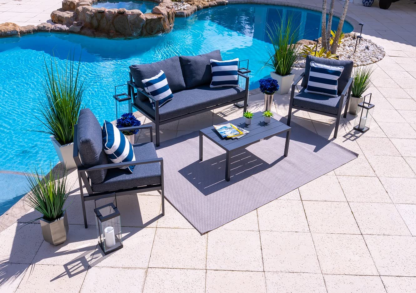 Juno 4-Piece Aluminum Outdoor Patio Furniture Set - Charcoal Gray Conversation Sofa with Loveseat, 2 Armchairs & Coffee Table - Perfect for Garden, Backyard, Poolside & Terrace Relaxation