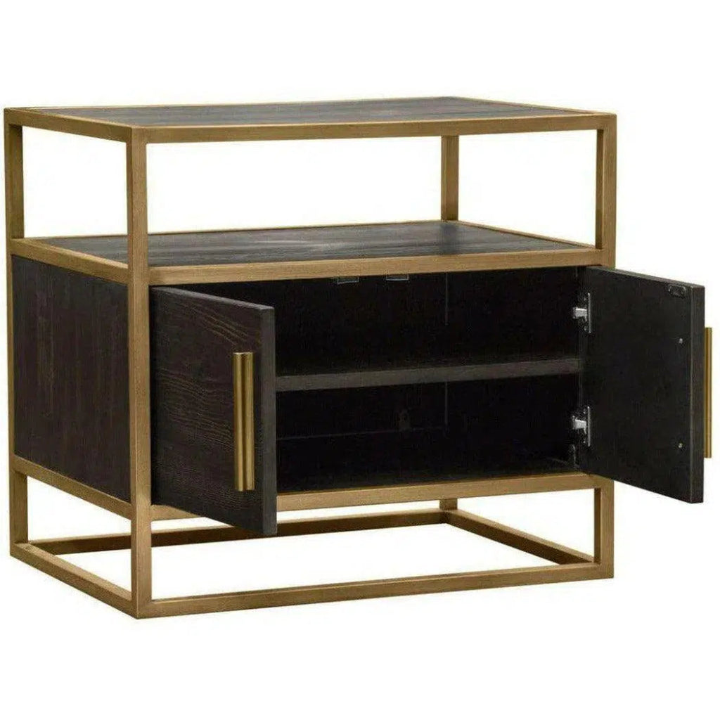 Dark Brown 2-Door End Table with Gold Metal Frame - Perfect for Living Room, Bedroom, or Office Side Table