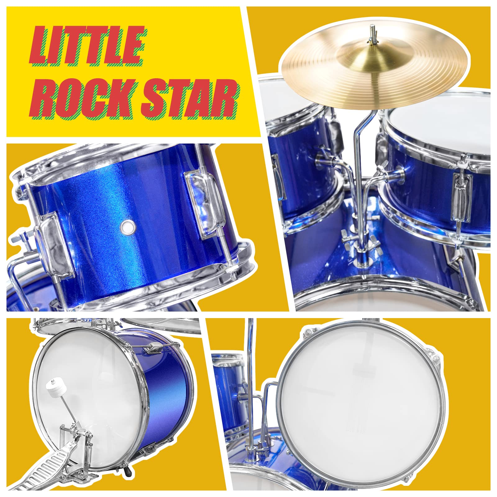 SLADE 3-Piece Kids Drum Set - Blue Children's Beginner Drum Kit with Stool & Sticks | Perfect for Birthday Gifts, Music Education & Home Playtime