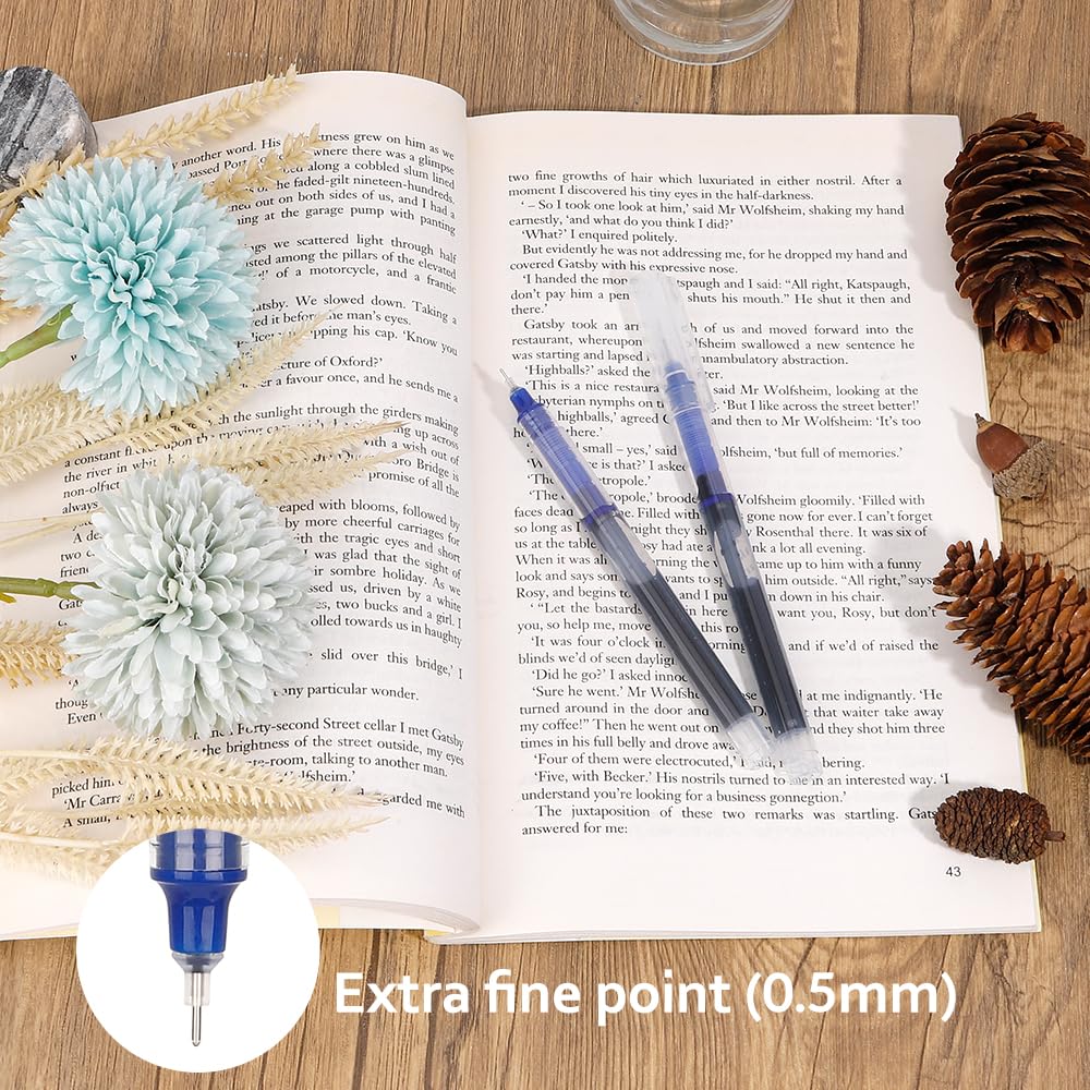 15 Pack 0.5mm Fine Point Rollerball Pens with Japanese Ink - Blue Ink Pens for Smooth Writing - Ideal for Office, School, Note Taking & Journaling