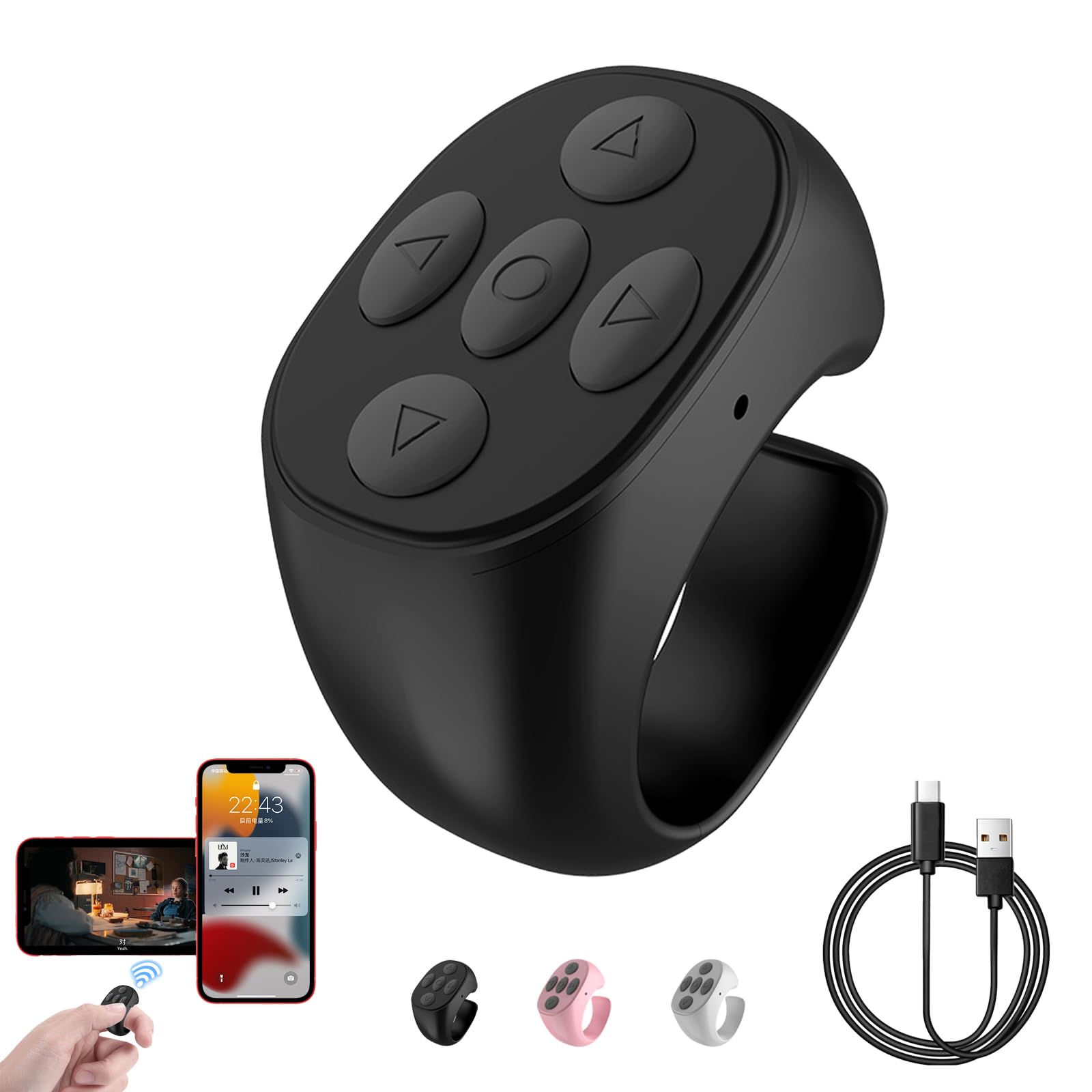 Wireless Bluetooth Page Turner Ring - Rechargeable Finger Remote Control for Smartphones & Tablets - Hands-Free Video Scrolling, App Control, Camera Shutter - Perfect for Presentations, Online Teaching & Social Media (Black with Charging Cable)