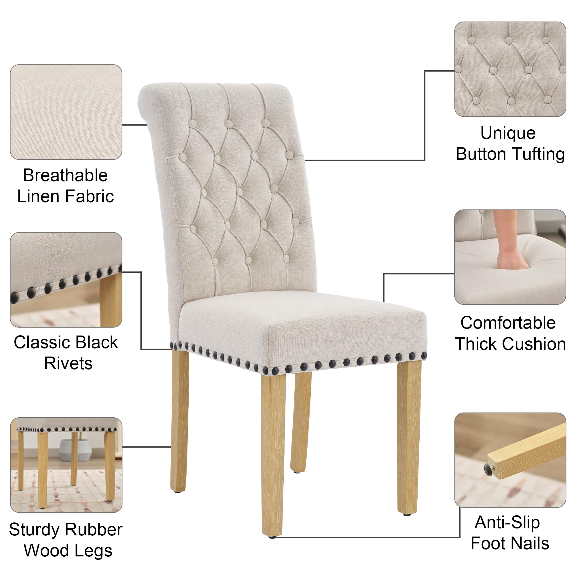 Modern Linen Fabric Dining Chairs Set of 2 - Elegant Parson Chairs with Nailhead Trim & Button Tufting, Solid Wood Legs for Dining Room & Living Room - Beige Home Decor for Elegant Entertaining & Cozy Family Gatherings