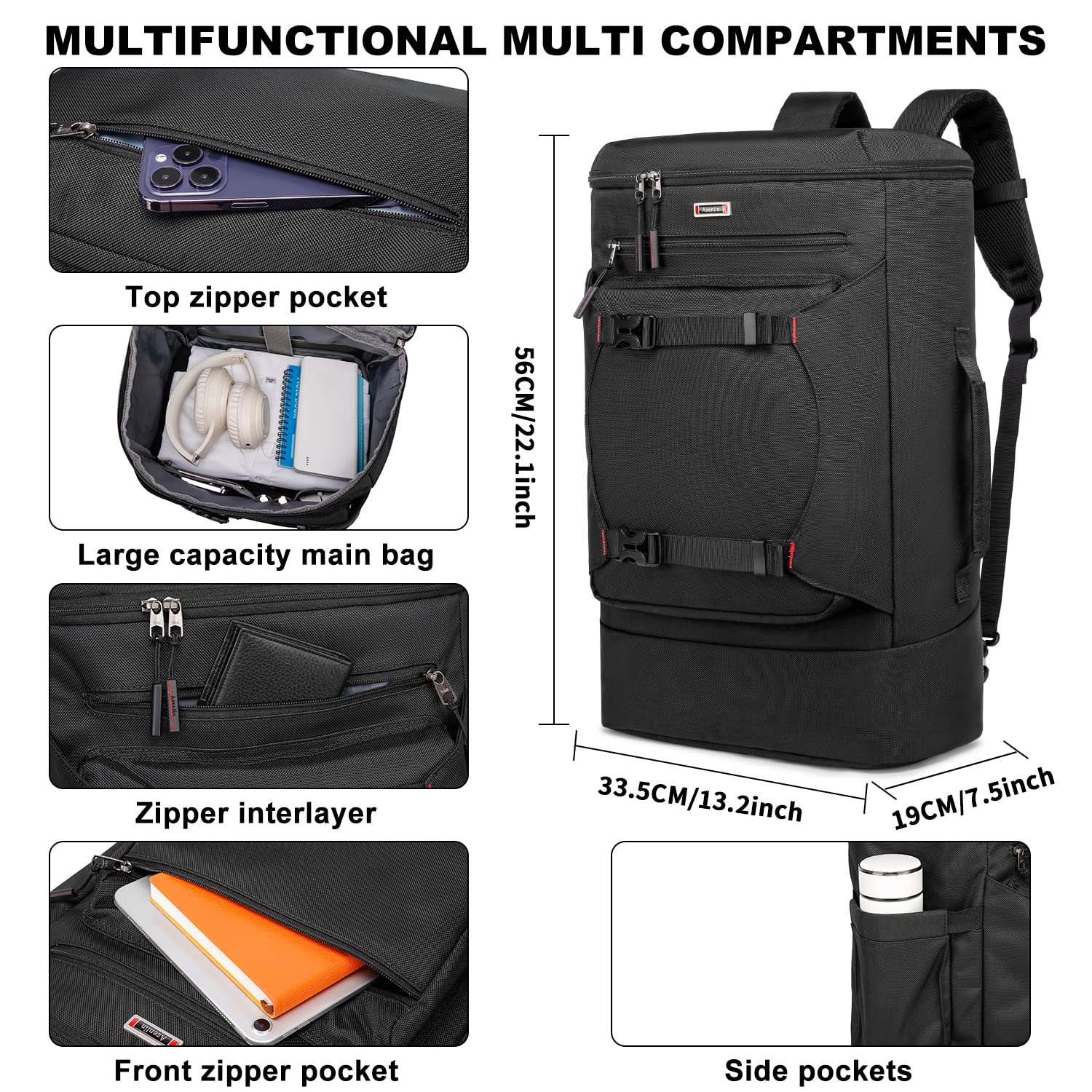 **Asenlin 40L Extra Large Travel Backpack for Women & Men - Water Resistant Hiking Backpack, 18 Inch Carry-On Backpack for Gym, Casual Daypack, Outdoor Adventures - Black**    **Usage Scenarios:** Perfect for hiking, gym workouts, business trips, college commuting, and everyday casual use.