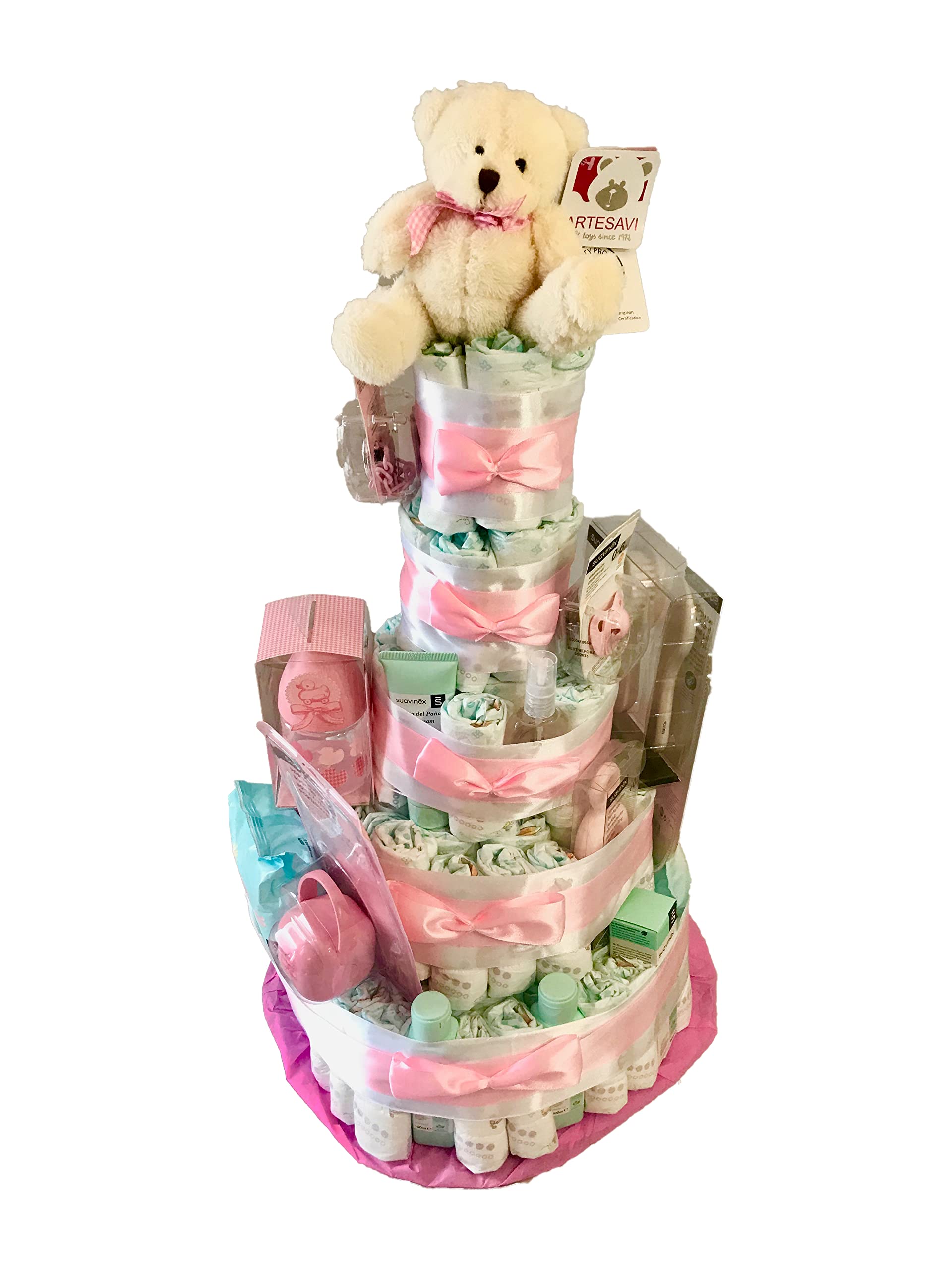 Suavinex Magnum XXL Pink Diaper Cake - Size 3 (4-9 kg) - Personalized Baby Shower Gift with Dedication - Practical Newborn Gift Basket for Baby Showers, Birthdays & Welcome Home Celebrations