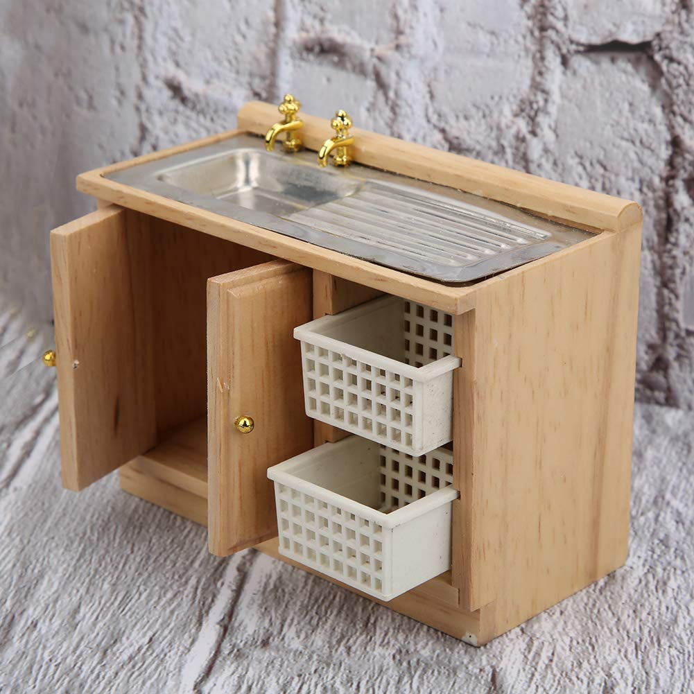1:12 Scale Wooden Miniature Dollhouse Kitchen Table with Washing Baskets - Durable & Realistic Dollhouse Furniture for Collectors & DIY Enthusiasts - Perfect for Dollhouse Displays, Miniature Scenes & Creative Play