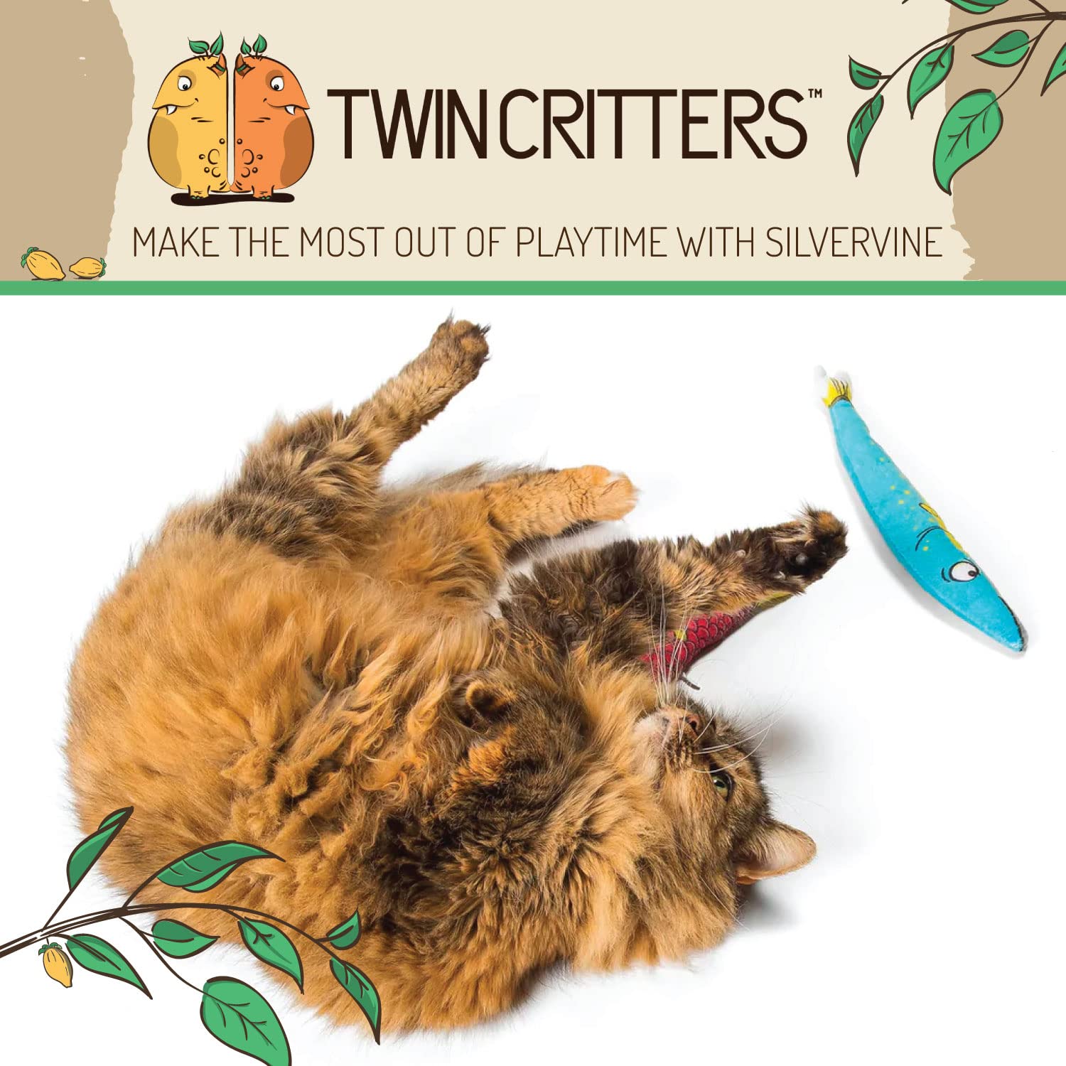 Organic Silvervine Sardine Cat Toys 2-Pack - 100% Natural Catnip Alternative for Kittens & Adult Cats | Wild Harvested Silvervine Sticks | Refillable Plush Fish Toy for Playtime & Stress Relief