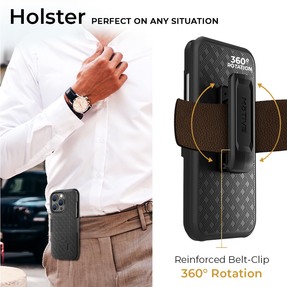 MOTIVE Rugged Holster Case for iPhone 16 Pro with Belt Clip & Kickstand | Shockproof Protective Cover | Slim Shell Holster Combo | Ranger Series | Perfect for Outdoor Adventures, Construction Work & Active Lifestyles