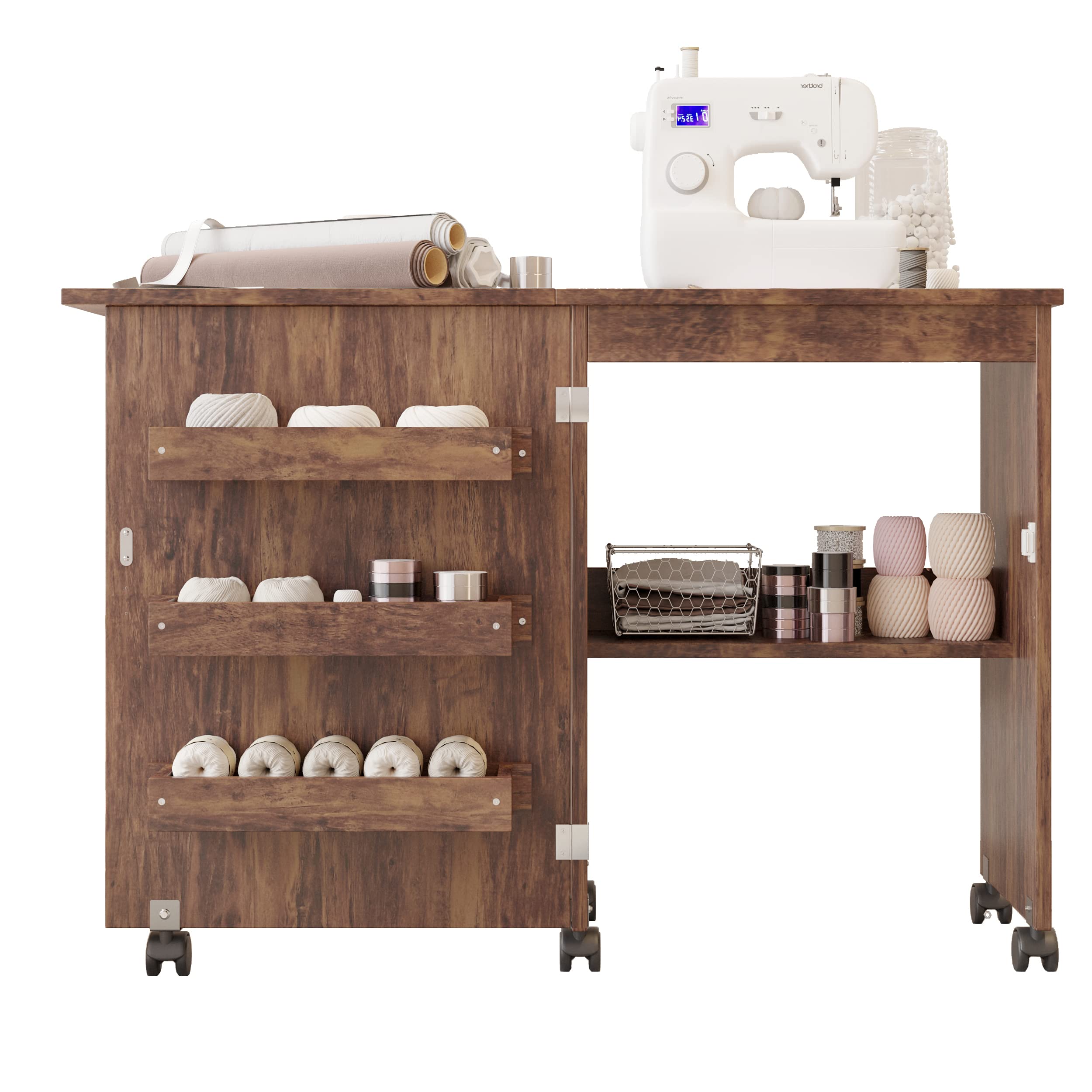 Usinso Folding Sewing Table with Storage Shelves - Multifunctional Rolling Sewing Machine Cart & Craft Cabinet, Portable Lockable Caster Desk for Sewing, Crafting & Computer Work (Rustic Brown) | Perfect for Home Studios, DIY Projects & Small Space Organization