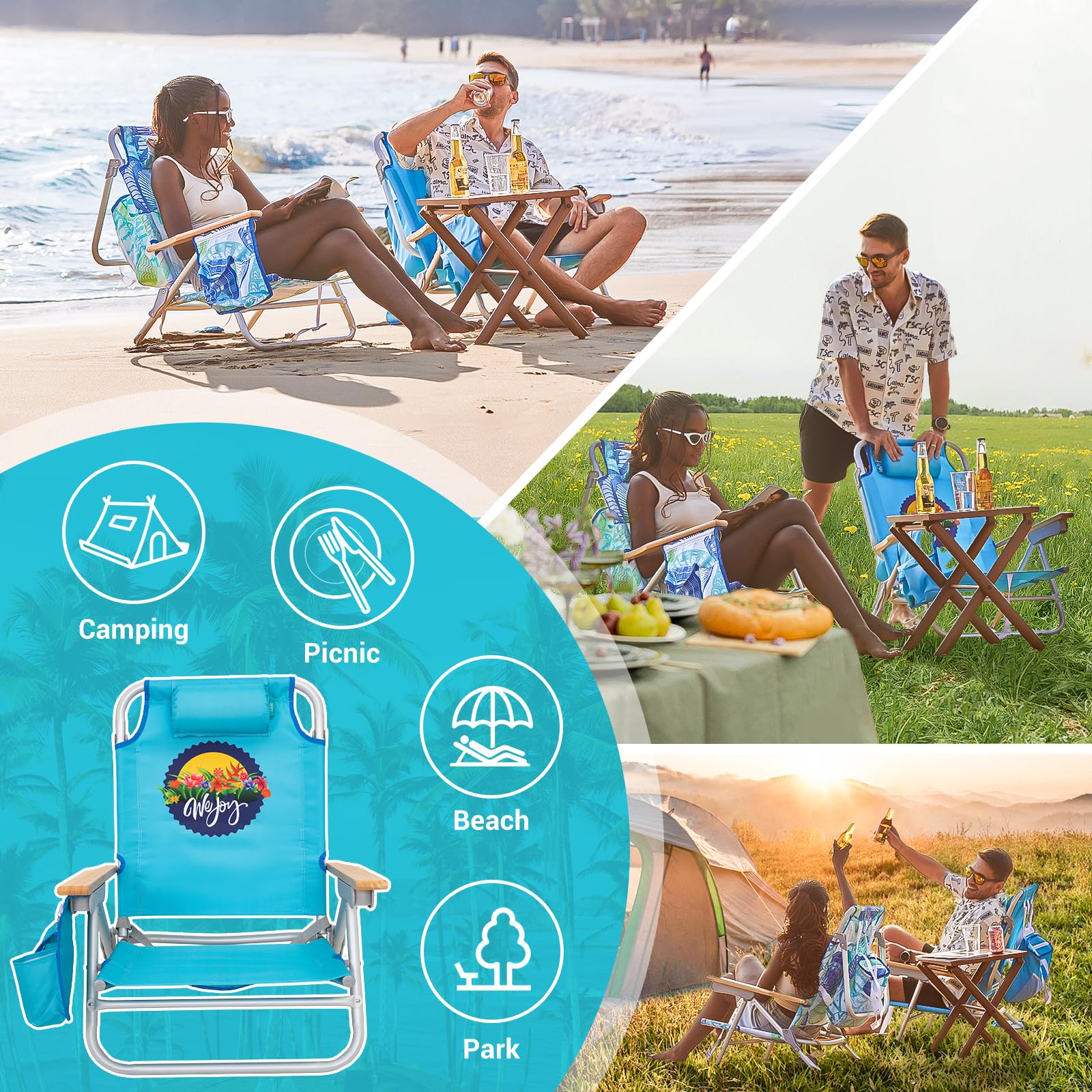 WEJOY 4-Position Adjustable Beach Chair for Adults - Portable Backpack Folding Chair with Wooden Armrest, Lightweight Aluminum Frame & Back Pocket - Perfect for Beach, Pool, Camping, Patio & Backyard Relaxation (Blue)
