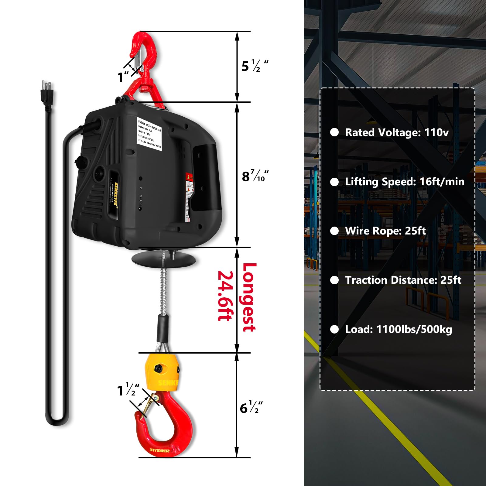 1100LBS Electric Hoist Winch - 2-in-1 Portable Lifting System with 25FT Cable & Strap, 110V Ceiling Winch for Home Garage, Construction, Towing & Heavy Duty Lifting