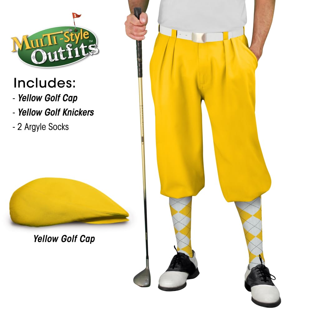 Men's Stylish Golf Outfit Set - Matching Knickers, Cap & 2 Over-The-Calf Socks in Yellow - Perfect for Golf Tournaments, Casual Wear & Outdoor Sports