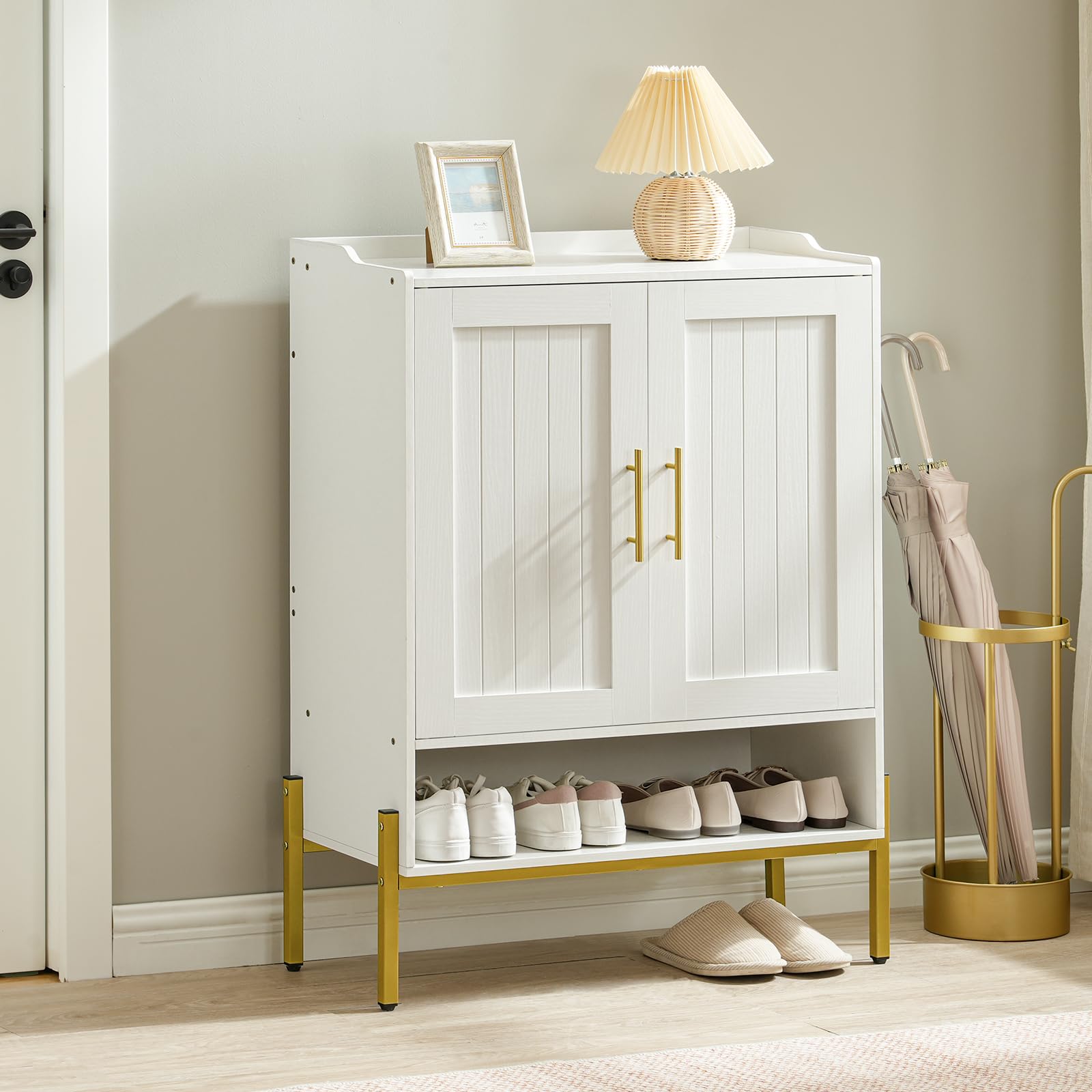 HOOBRO 5-Tier Wooden Shoe Cabinet with Doors - Freestanding Shoe Storage Organizer for Entryway & Hallway, 3 Adjustable Shelves, Gold & White (DW41SC01) - Perfect for Small Spaces, Apartment Living & Closet Organization