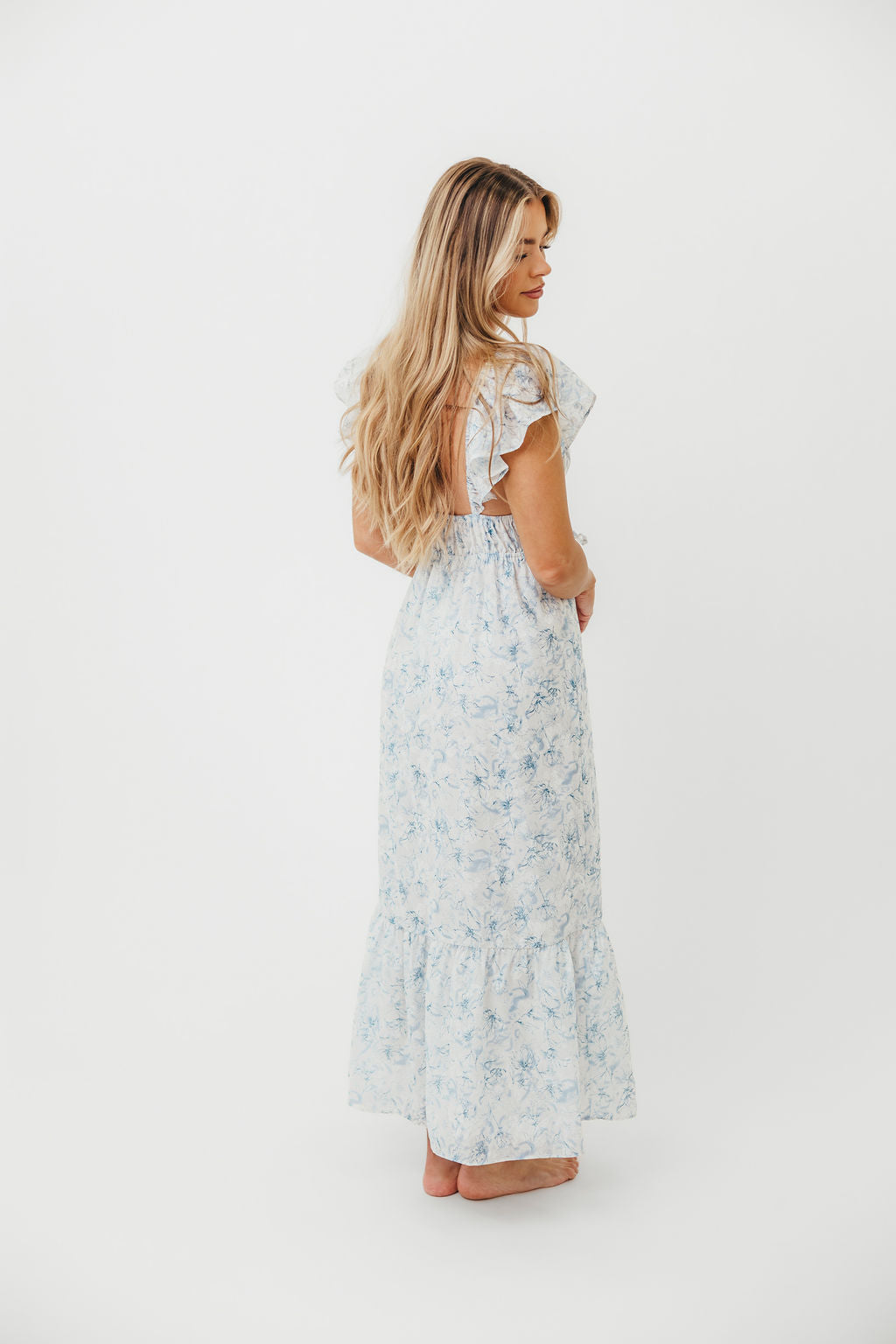 Alix Maxi Dress - White & Blue Floral Print Summer Dress for Women | Beach Wedding, Vacation & Casual Outfit