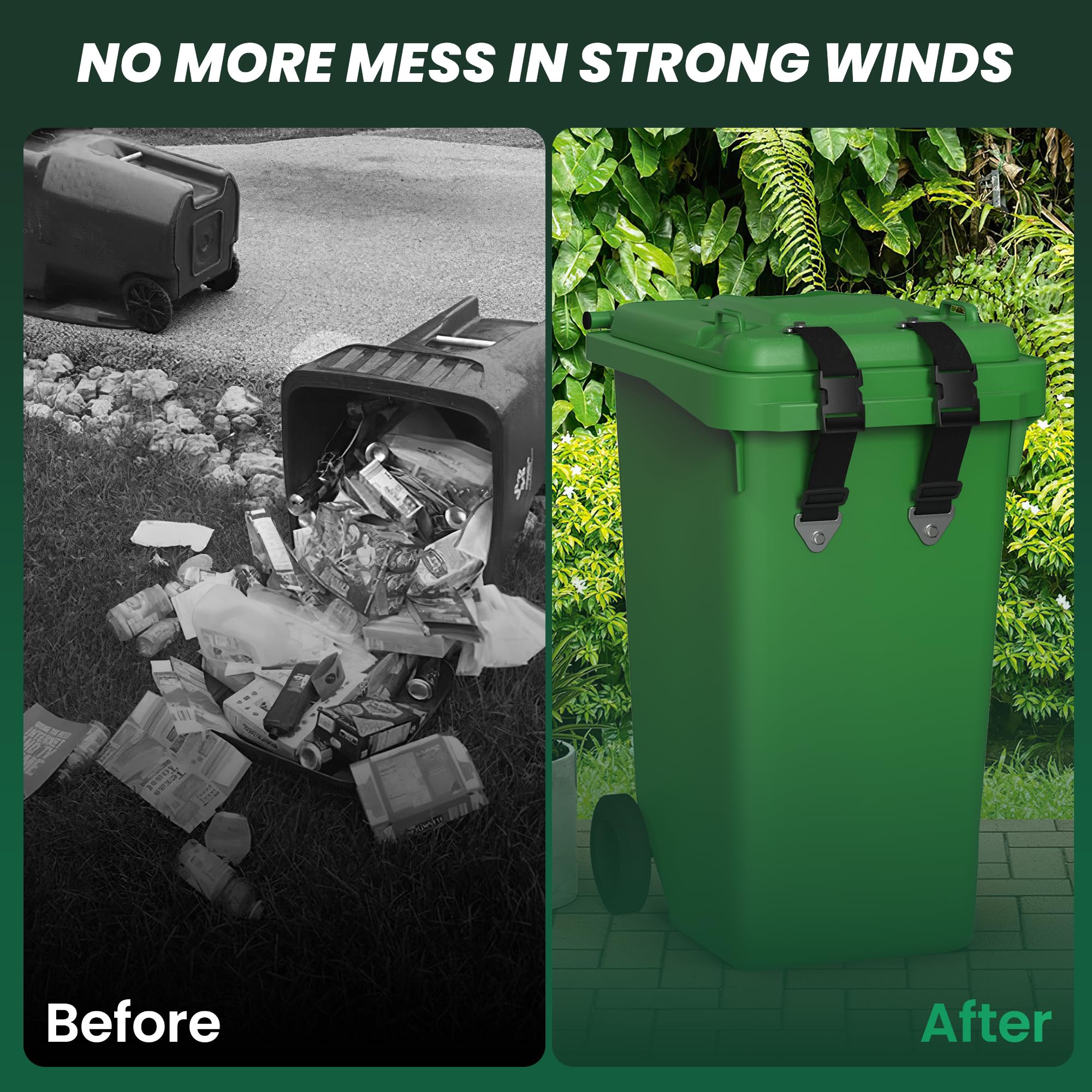 2PCS Adjustable Bear Proof Trash Can Locks - Heavy Duty Outdoor Garbage Bin Straps to Keep Out Raccoons & Animals, Universal Fit for Multiple Can Sizes, Odor Control Solution - Perfect for Camping, Backyard & Wildlife Areas