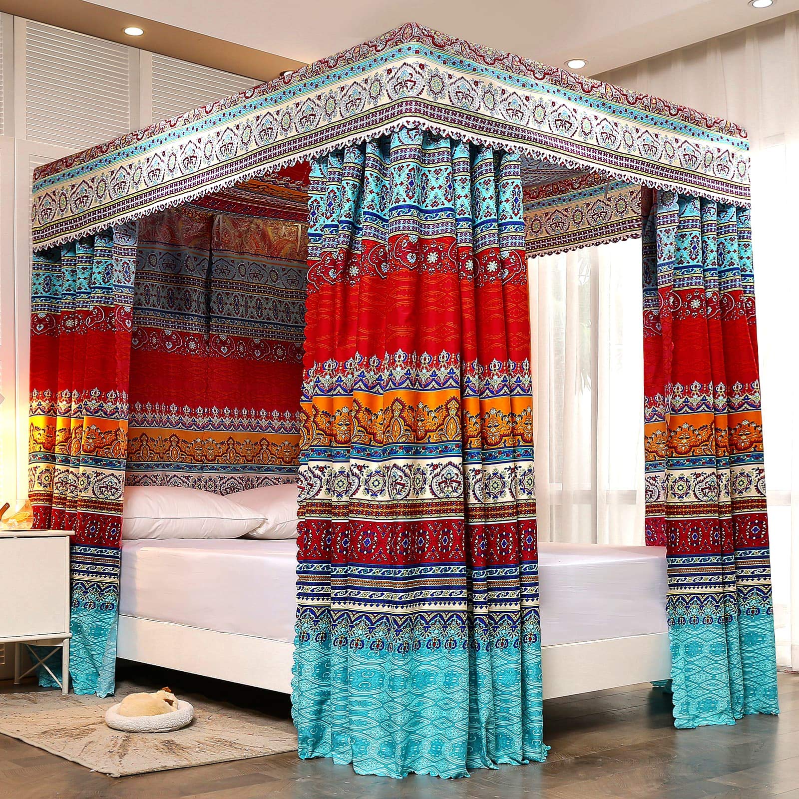 Bohemian 4-Poster Bed Canopy Curtains for Queen/Full Size Beds - Elegant Bedroom Drapes for Adults & Girls (Style A) - Perfect for Romantic Bedrooms, Boho Chic Decor & Princess Theme Rooms
