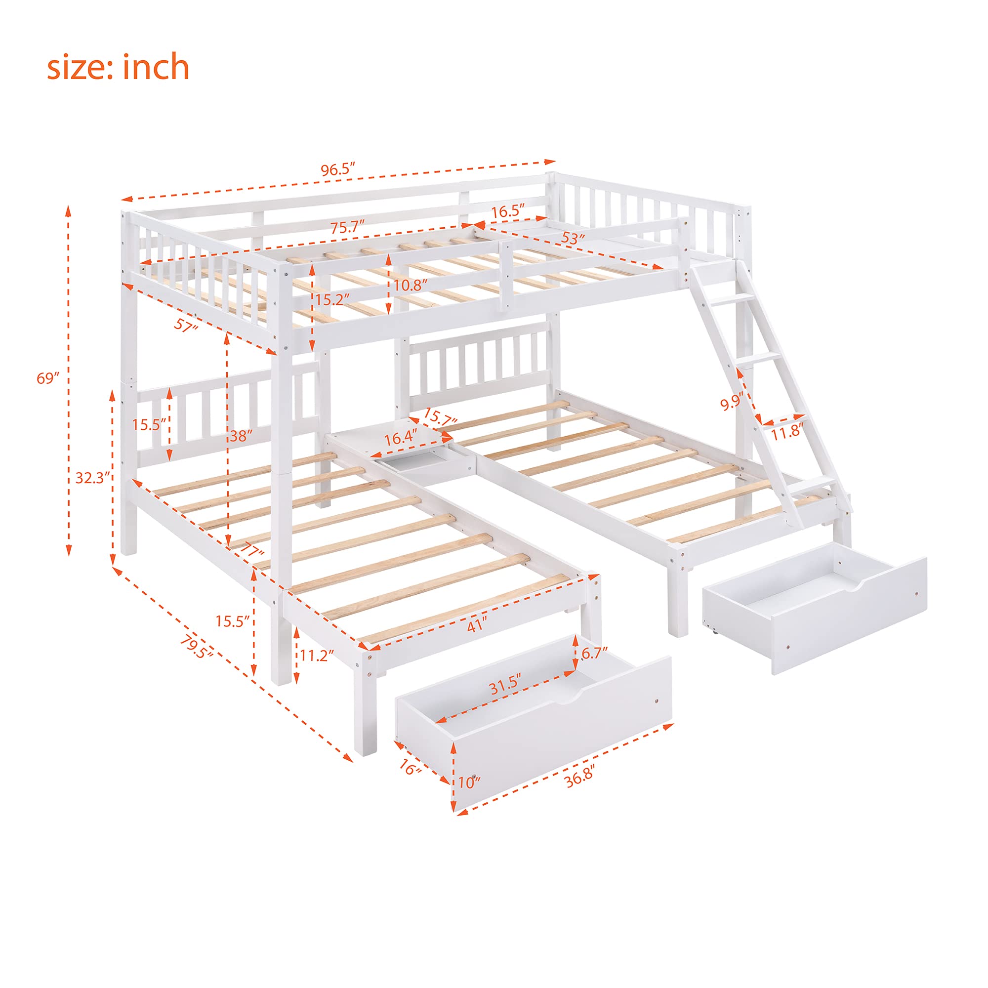 Wood Triple Bunk Bed with 3 Drawers & Guardrails - Full Over 2 Twin Bunk Bed for Family & Teens - No Box Spring Needed - Space Saving Kids Bedroom Furniture for Small Rooms & Vacation Homes