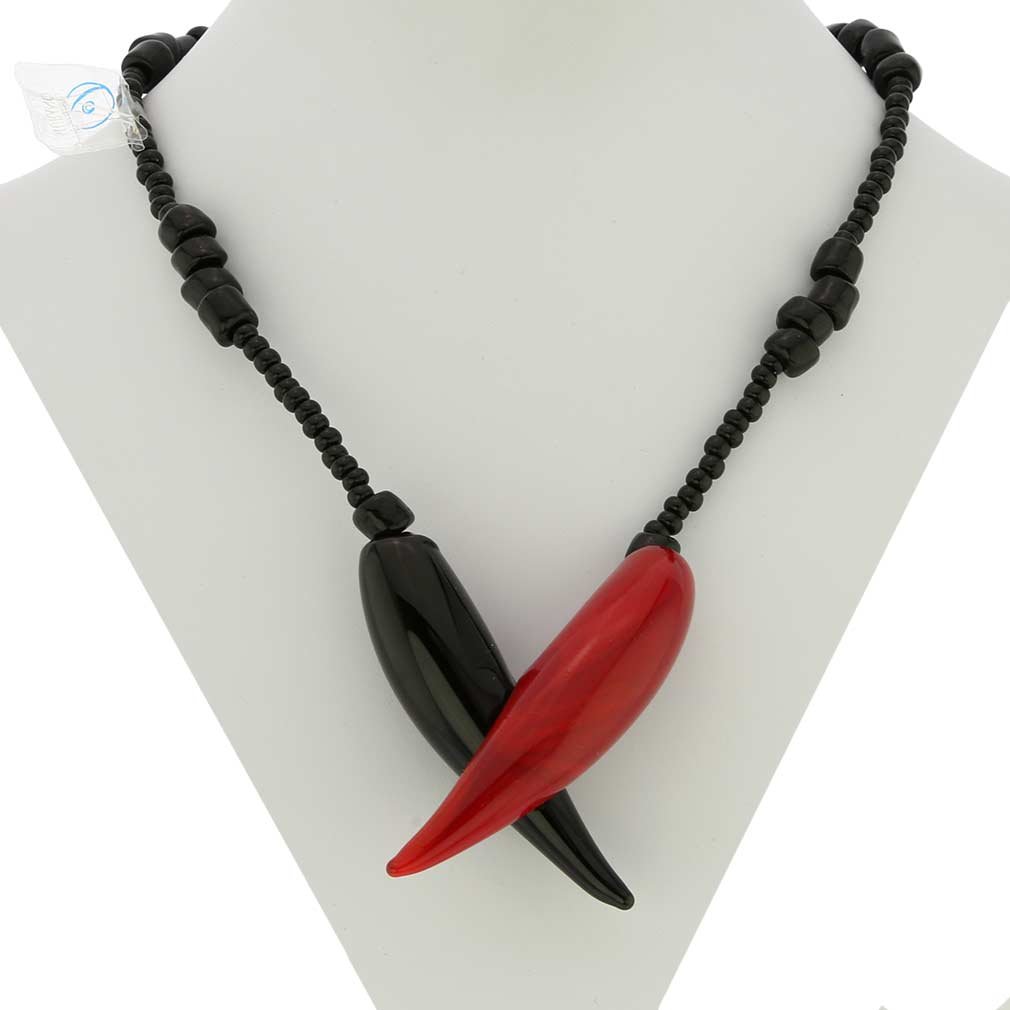 Authentic Murano Glass Horn Necklace in Red & Black - Handmade Venetian Jewelry for Women, Gift for Her, Perfect for Parties & Special Occasions