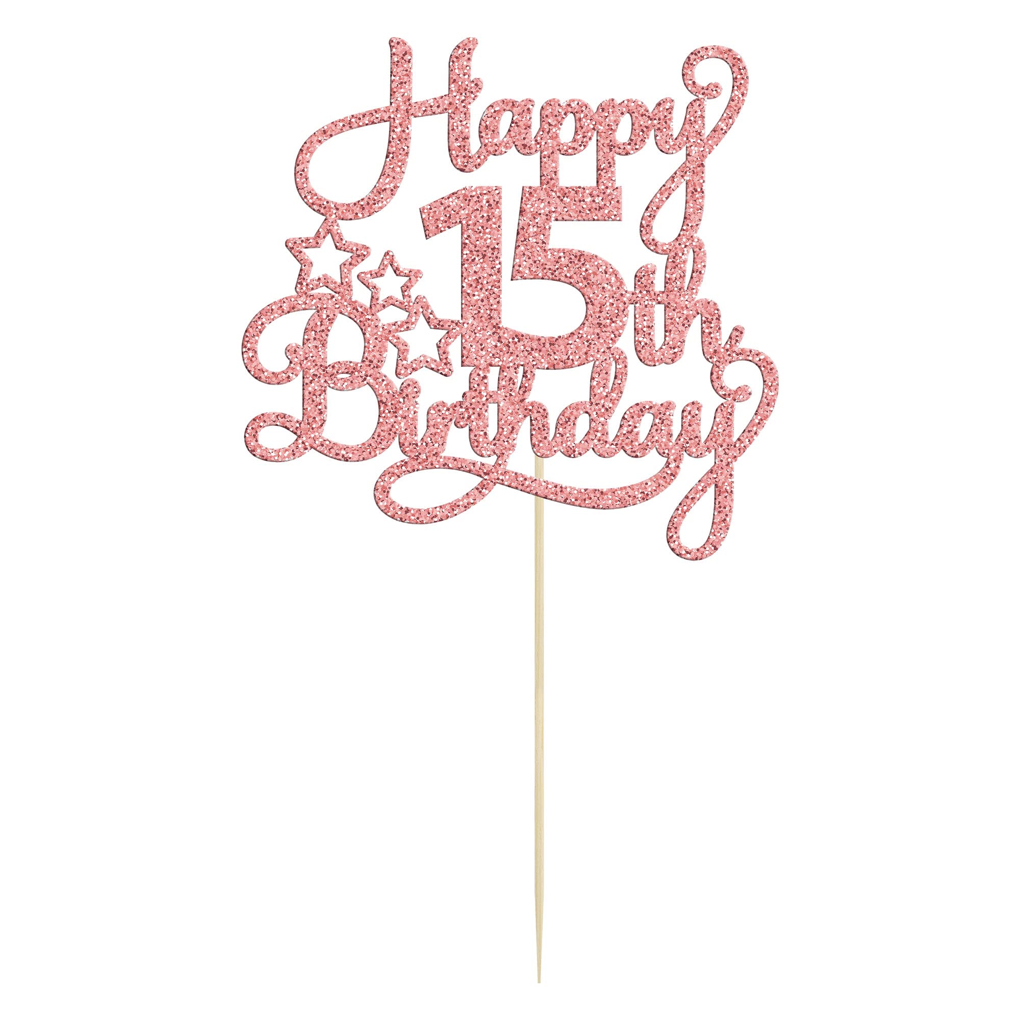 1 Pack Rose Gold Glitter Happy 15th Birthday Cake Topper - 
