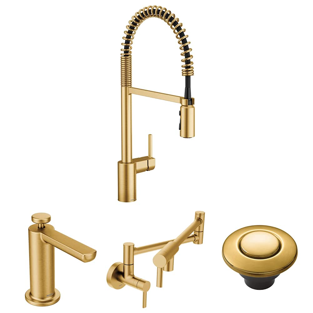 Moen Align Brushed Gold One-Handle Spring Pulldown Kitchen Faucet with Deck Mounted Soap Dispenser, Garbage Disposal Air Switch & Wall Mount Swing Arm Pot Filler - Perfect for Modern Kitchens, Cooking & Washing Dishes