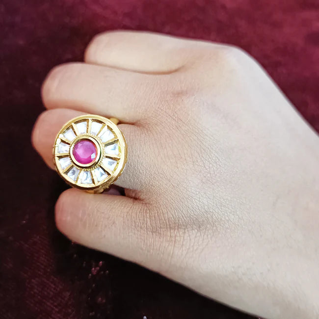 Exquisite Gold Plated Royal Kundan Beaded Ring - Elegant Indian Jewelry for Women | Perfect for Weddings, Parties & Special Occasions