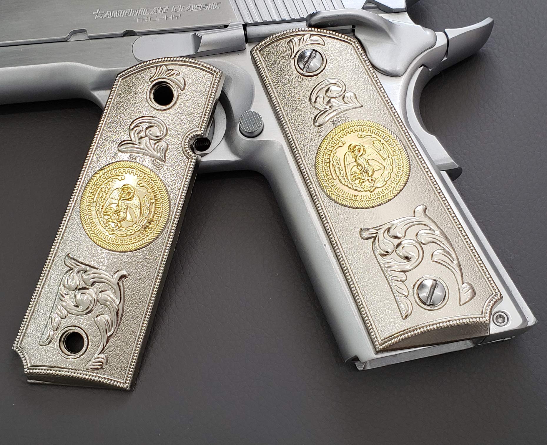 Premium Replacement 1911 Full Size Grips - Compatible with Kimber, Colt, Rock Island, Springfield & Taurus - Mexican Eagle Circle Nickel Gold Design | Perfect for Gun Enthusiasts & Collectors | Ideal for Custom Pistol Builds & Range Shooting
