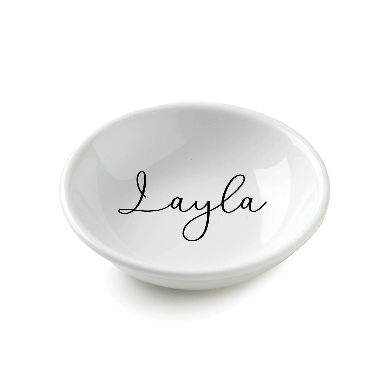 Custom Engraved Name Round White Trinket Dish - Personalized Jewelry Tray for Rings, Bracelets & Coins | Elegant Desk & Dresser Organizer | Perfect Gift for Birthdays, Anniversaries & Housewarming | 4x4 Inch Ceramic Decorative Bowl