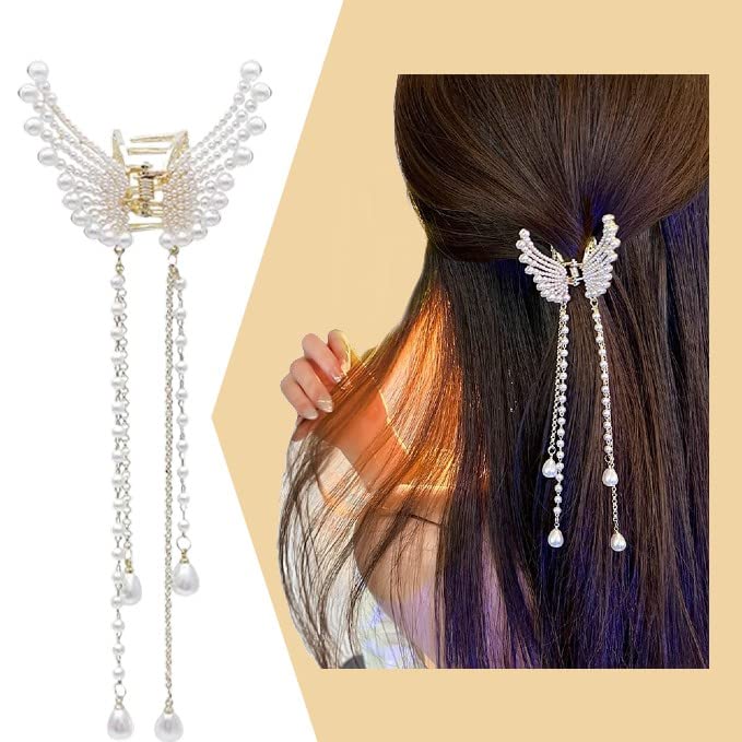 Samyak Pearl Rhinestone Hair Claw Clip with Tassel Chain - Elegant Butterfly Hair Clamp Barrette for Women | Wedding, Bridal, Party & Formal Hair Accessories | Perfect for Updos, Half-Up Styles & Special Occasions