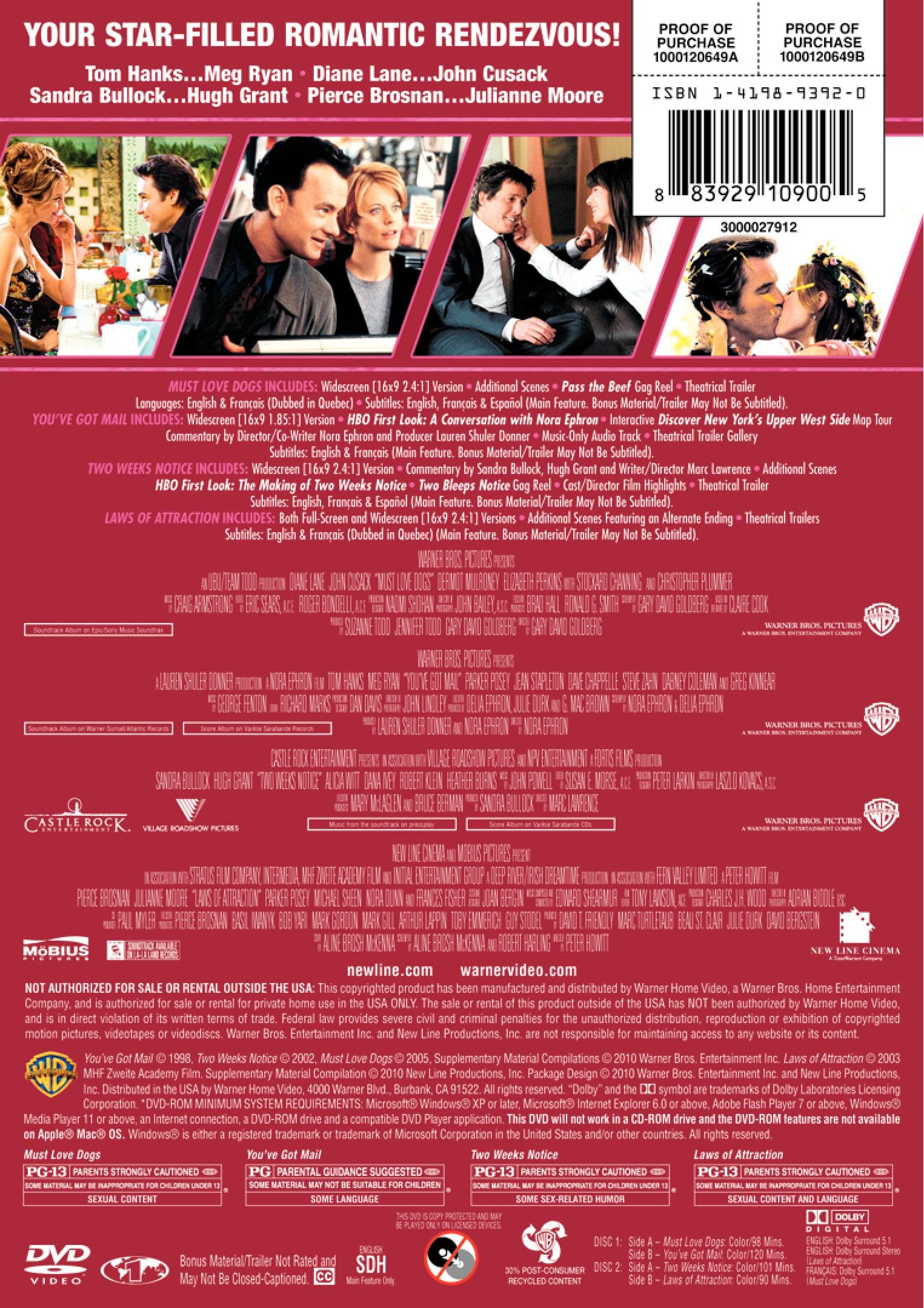 4 Film Favorites: Romantic Comedy DVD Collection (Laws of Attraction, Must Love Dogs, Two Weeks Notice, You've Got Mail Deluxe Edition) - Perfect for Date Nights & Girls' Movie Nights