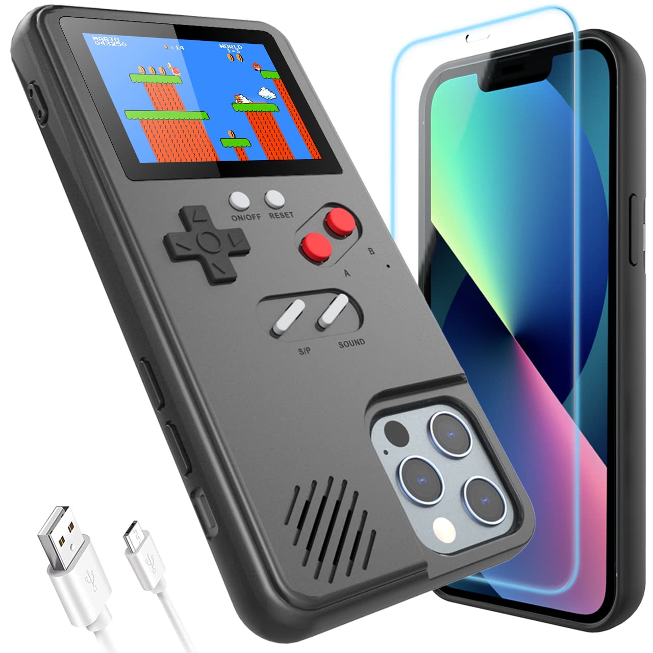 Retro Gameboy Case for iPhone 12/12 Pro - Playable 36 Classic Games with Tempered Glass Screen Protector, Handheld Video Game Console Phone Cover (6.1 Inch, Black) - Perfect for Gaming Enthusiasts & Nostalgic Fun