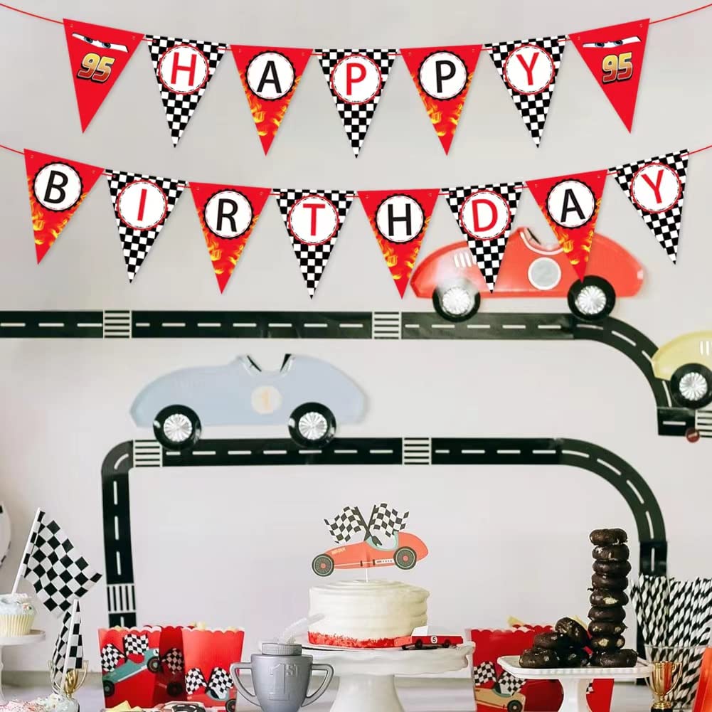 Race Car Happy Birthday Banner - Racing Themed Party Decorations, Checkered Flag Party Sign & Supplies for Boys' Birthday, Baby Shower, Kids Room Decor | Let's Go Racing Theme