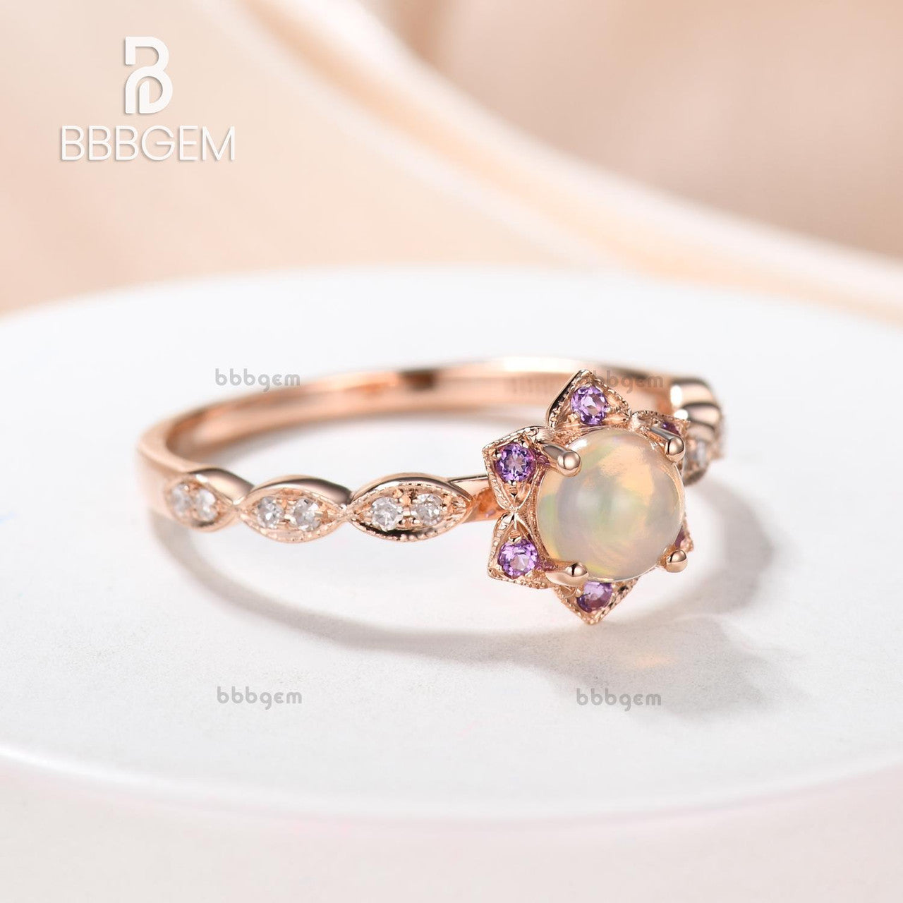 0.5 Carat Round Cut Opal & Amethyst Halo Engagement Ring in Rose Gold - Elegant Dainty Jewelry for Wedding, Proposal & Anniversary Gifts