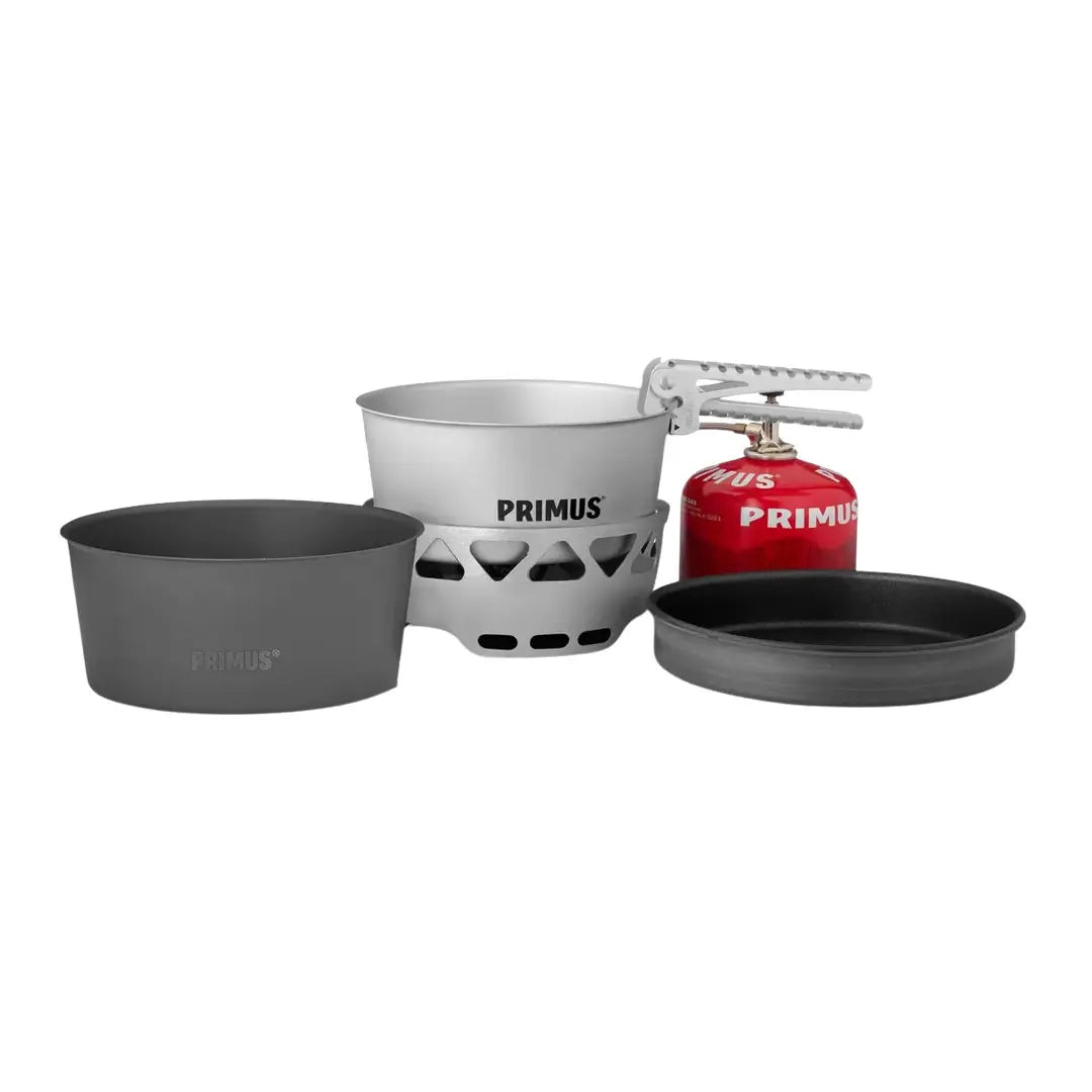 Primus Essential Gas Stove Set 1300ml - Compact Portable Camping Stove for Backpacking, Hiking & Outdoor Cooking | Lightweight Stainless Steel Burner with Wind Protection