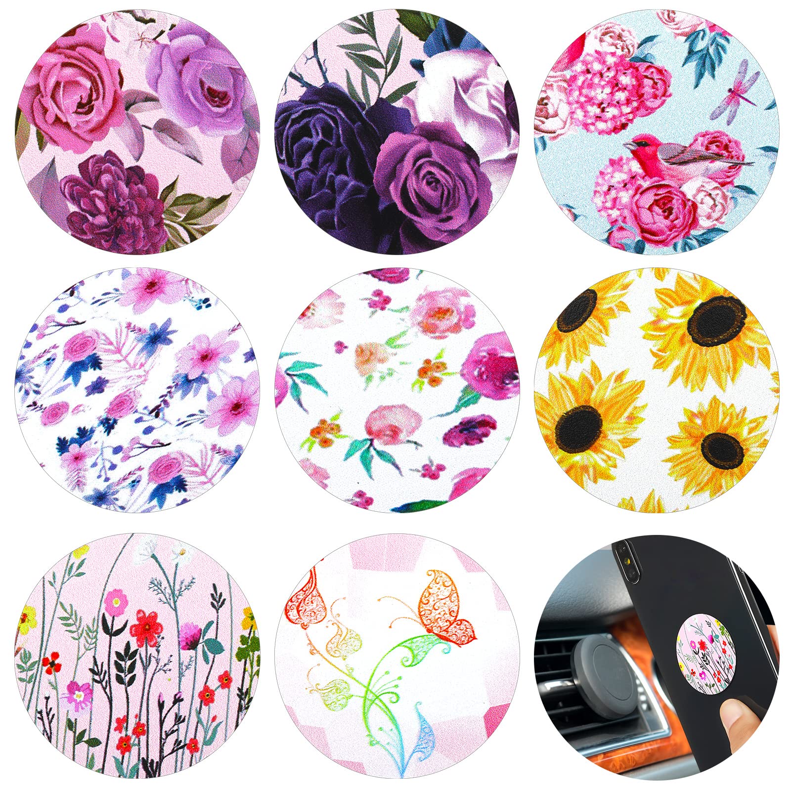 8 Pcs Magnetic Car Mount Metal Plates - Universal Phone Holder Adhesive Stickers for Magnetic Car Mounts (Floral Design) - Perfect for Hands-Free Driving, GPS Navigation & Safe Phone Mounting in Vehicles