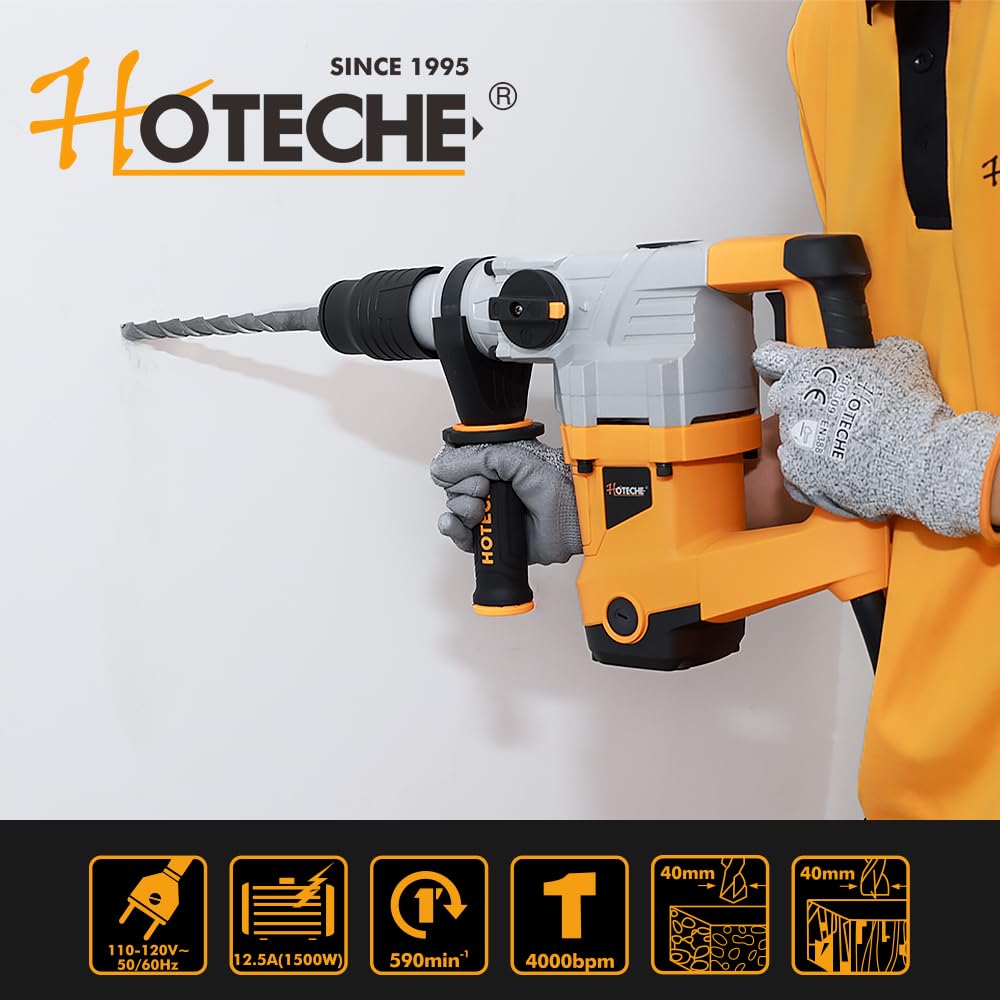Hoteche 1-9/16-Inch SDS Max Rotary Hammer Drill - 12.5A 3-Function Heavy Duty Demolition Hammer with Drill Bit, Chisel & Carrying Case | Perfect for Concrete Drilling, Masonry Work & Construction Projects